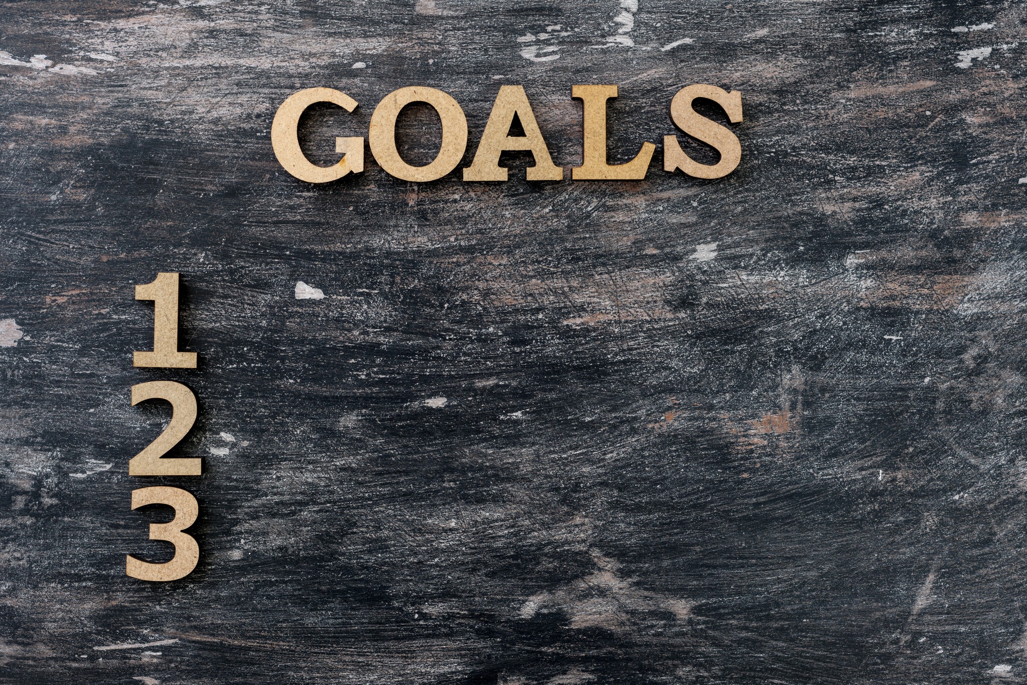 Black vintage background for text, word goals and numbers 1, 2, 3
