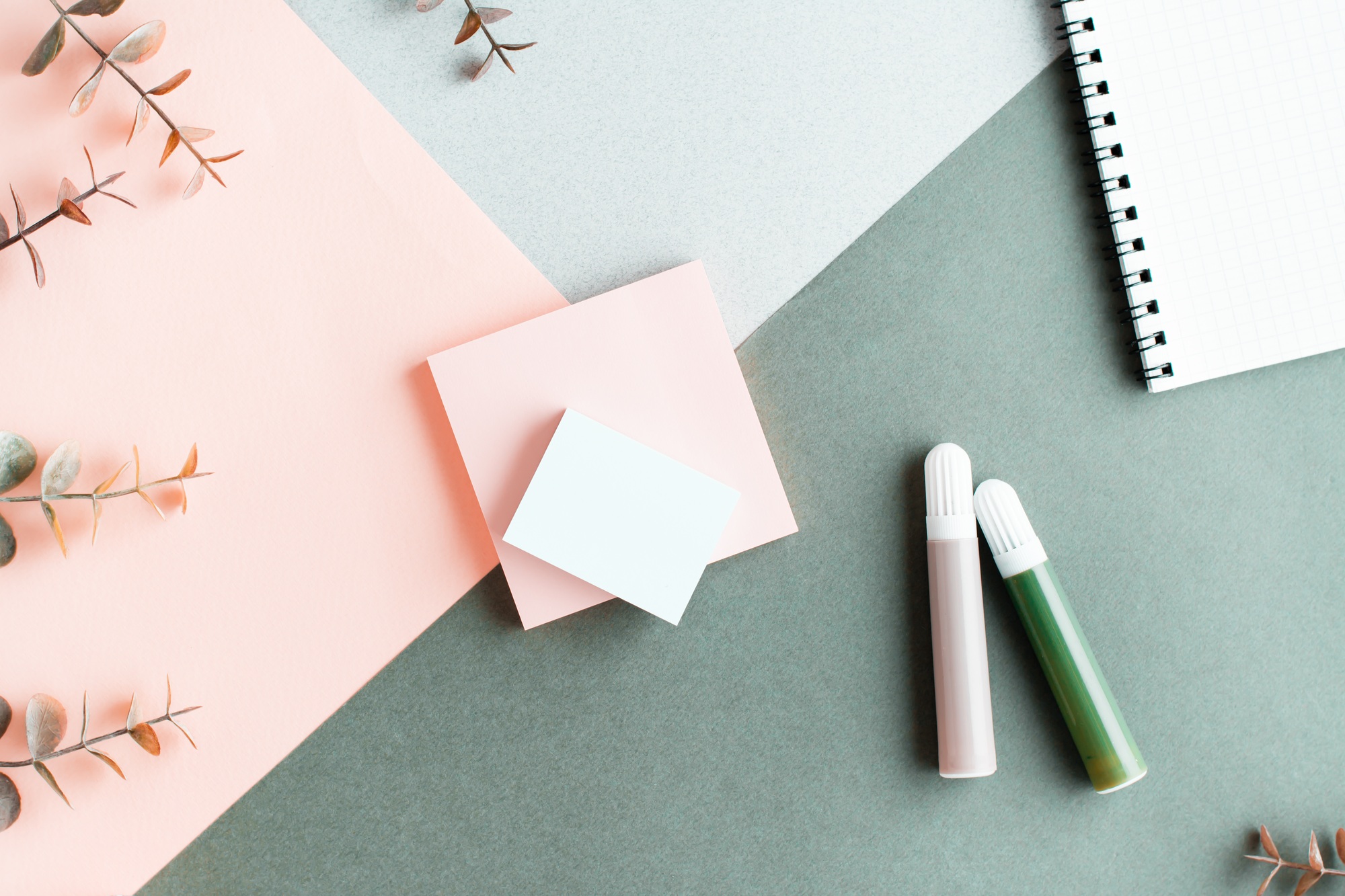 Blank paper for writing, notepad, felt-tip pens and eucalyptus branches on a colored background.