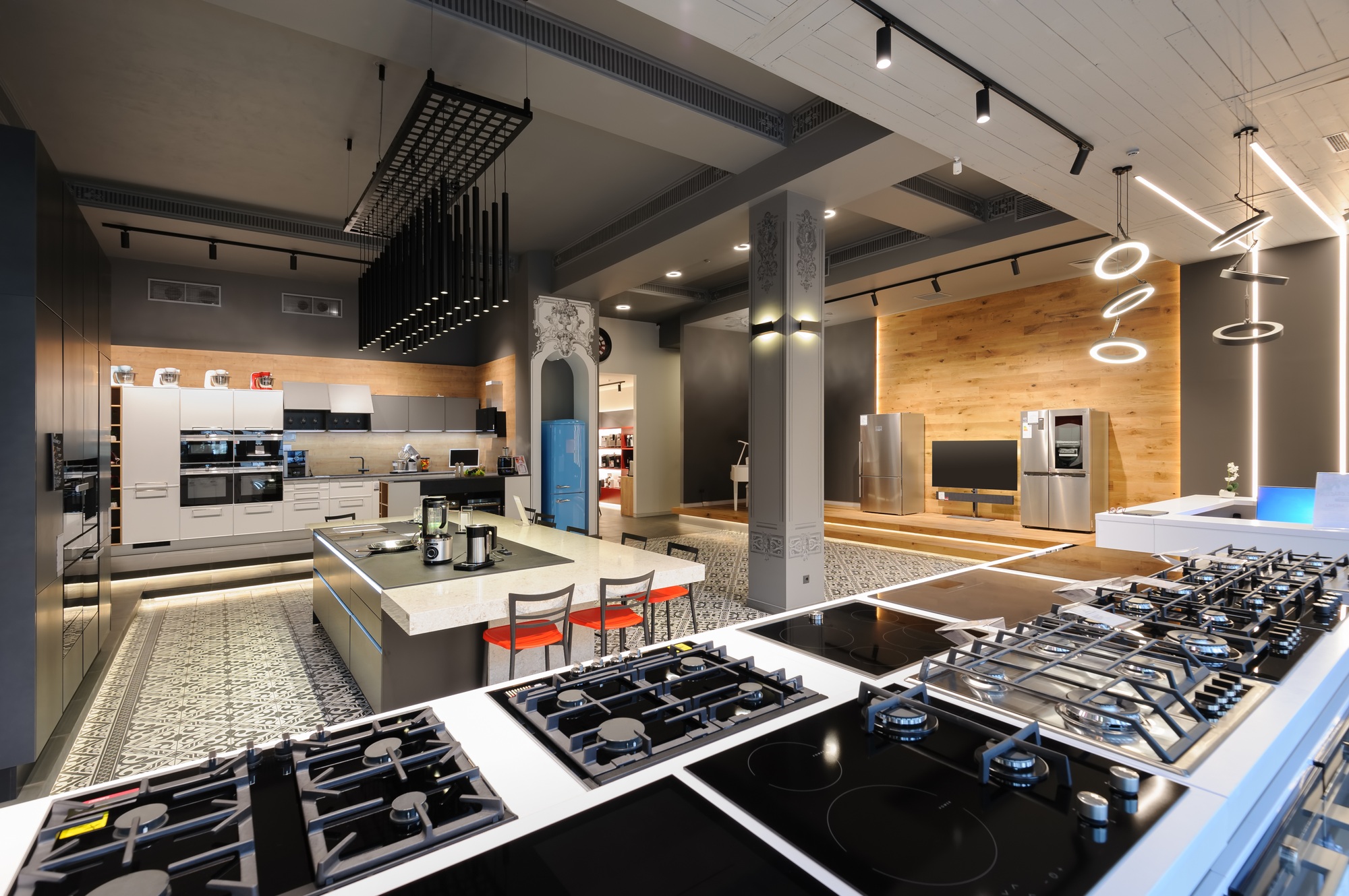 Brand new gas stoves in apliance store showroom