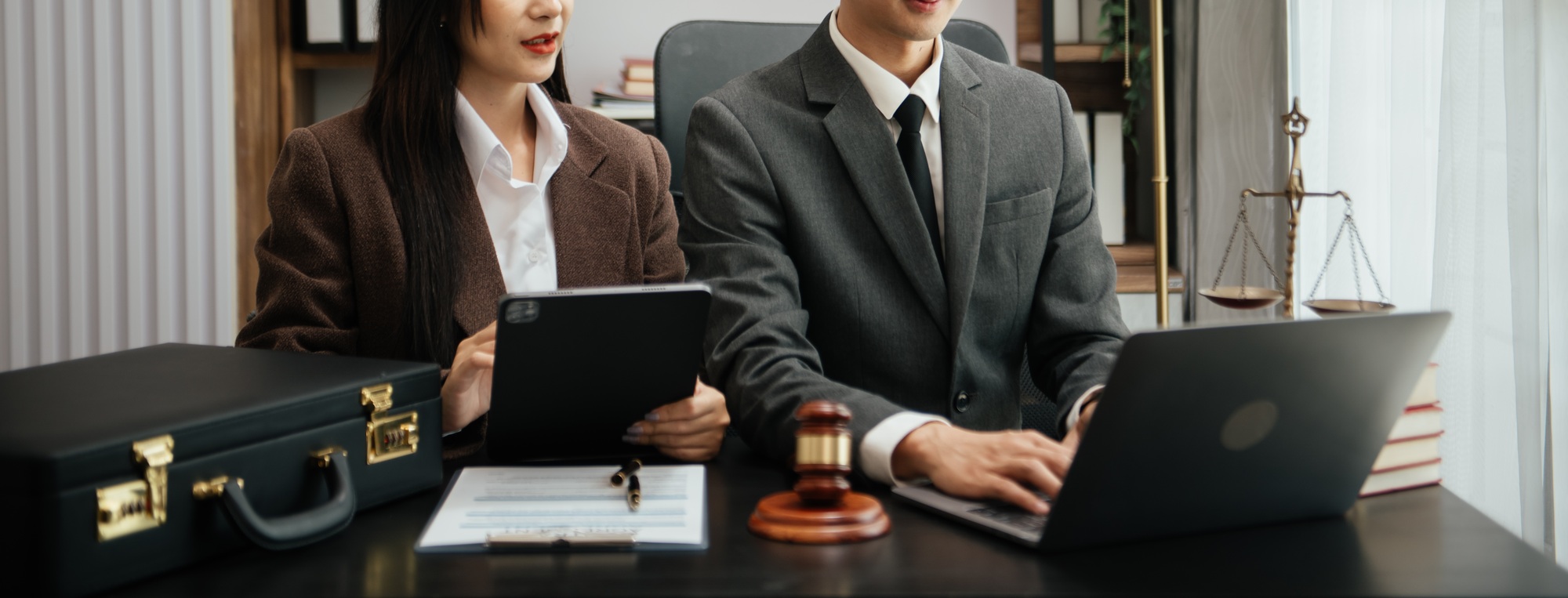 Business and Male lawyer or judge consult having team meeting with client, Law and Legal
