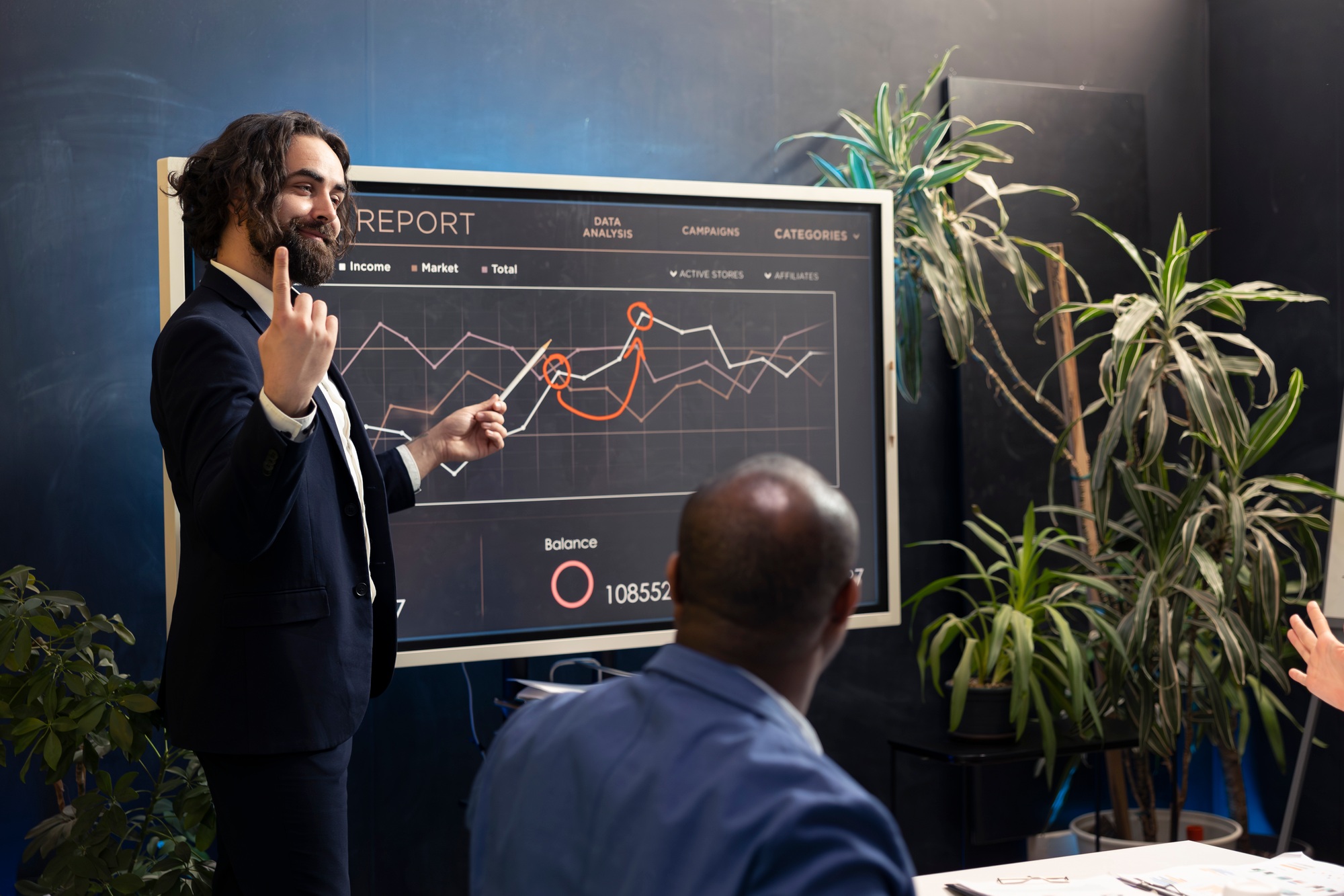 Business expert calculating budgeting plans and goals on interactive board