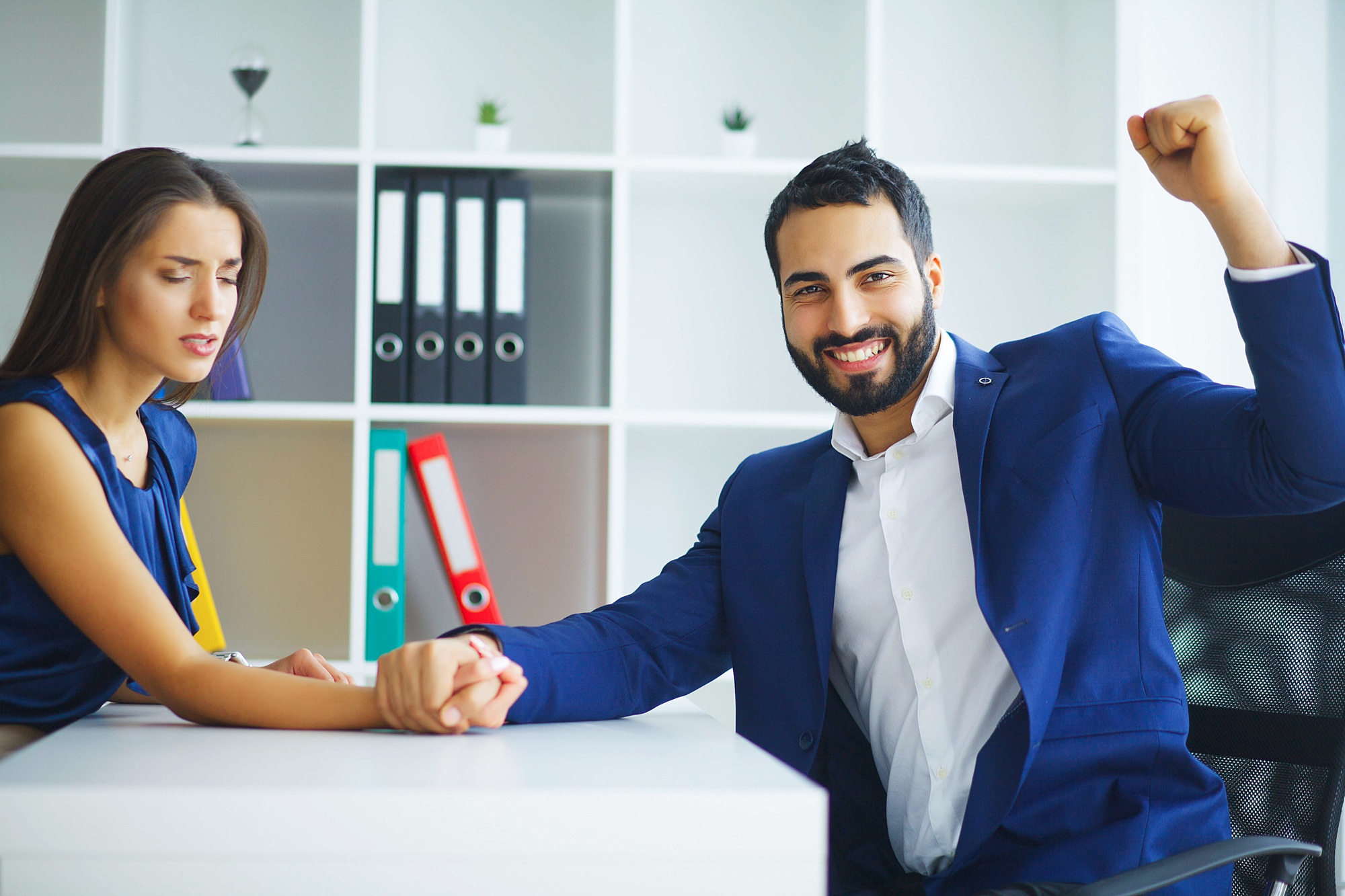 Business. Office Business Woman and Business Man Leading Talks a