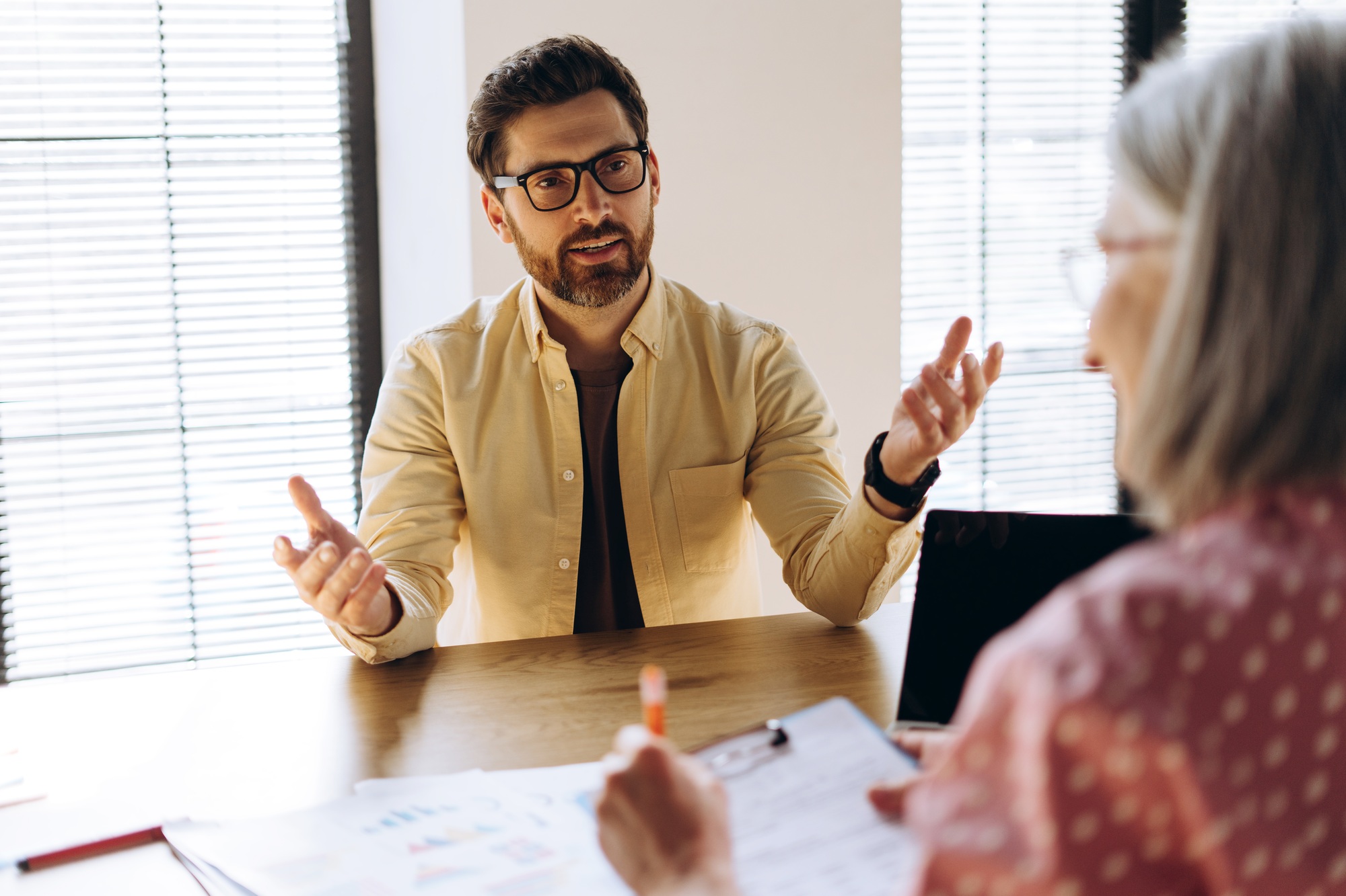 Businessman explaining strategy to senior manager in office meeting