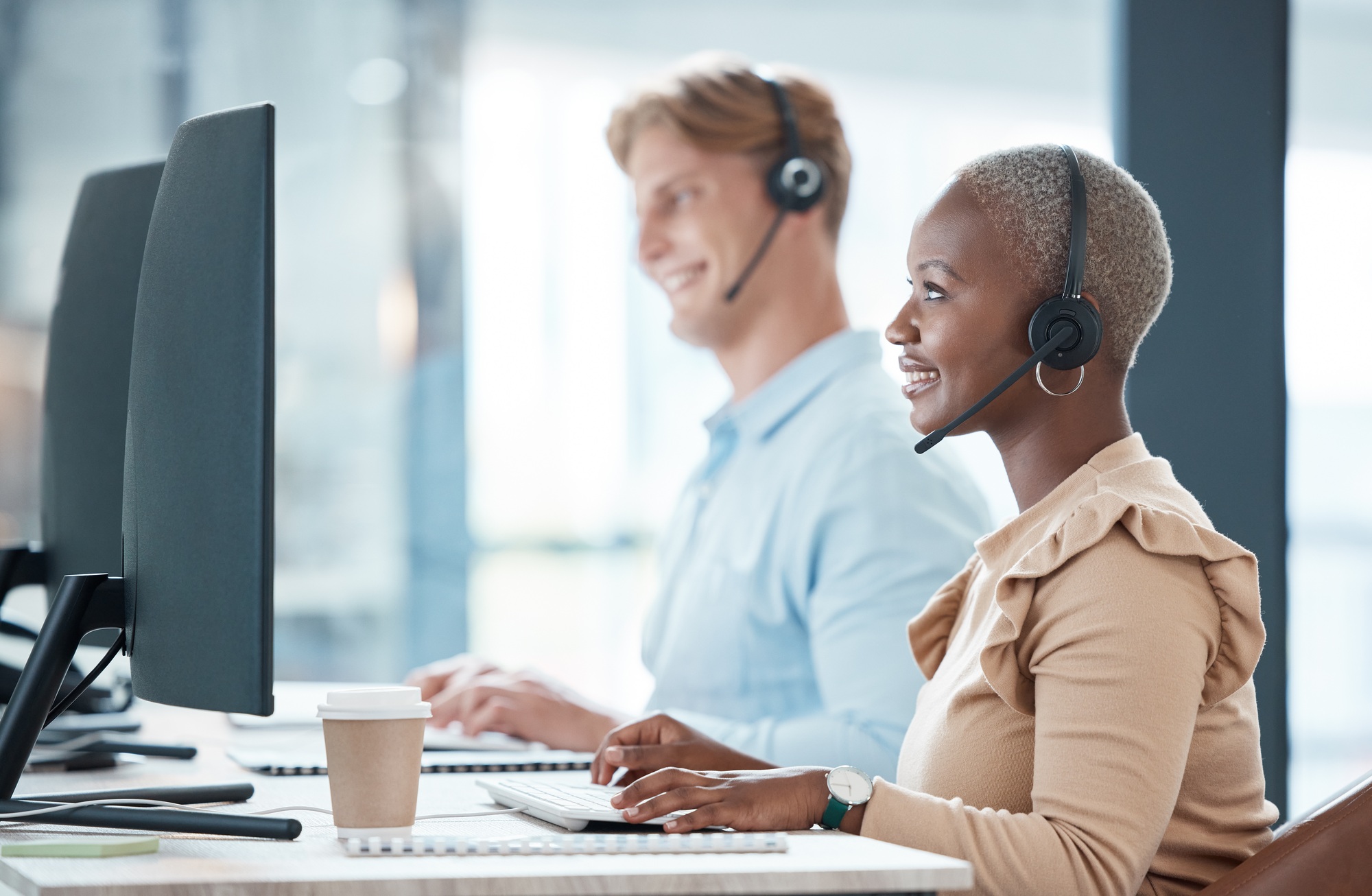 Call center, consulting and employees in sales, giving support and in communication with people on