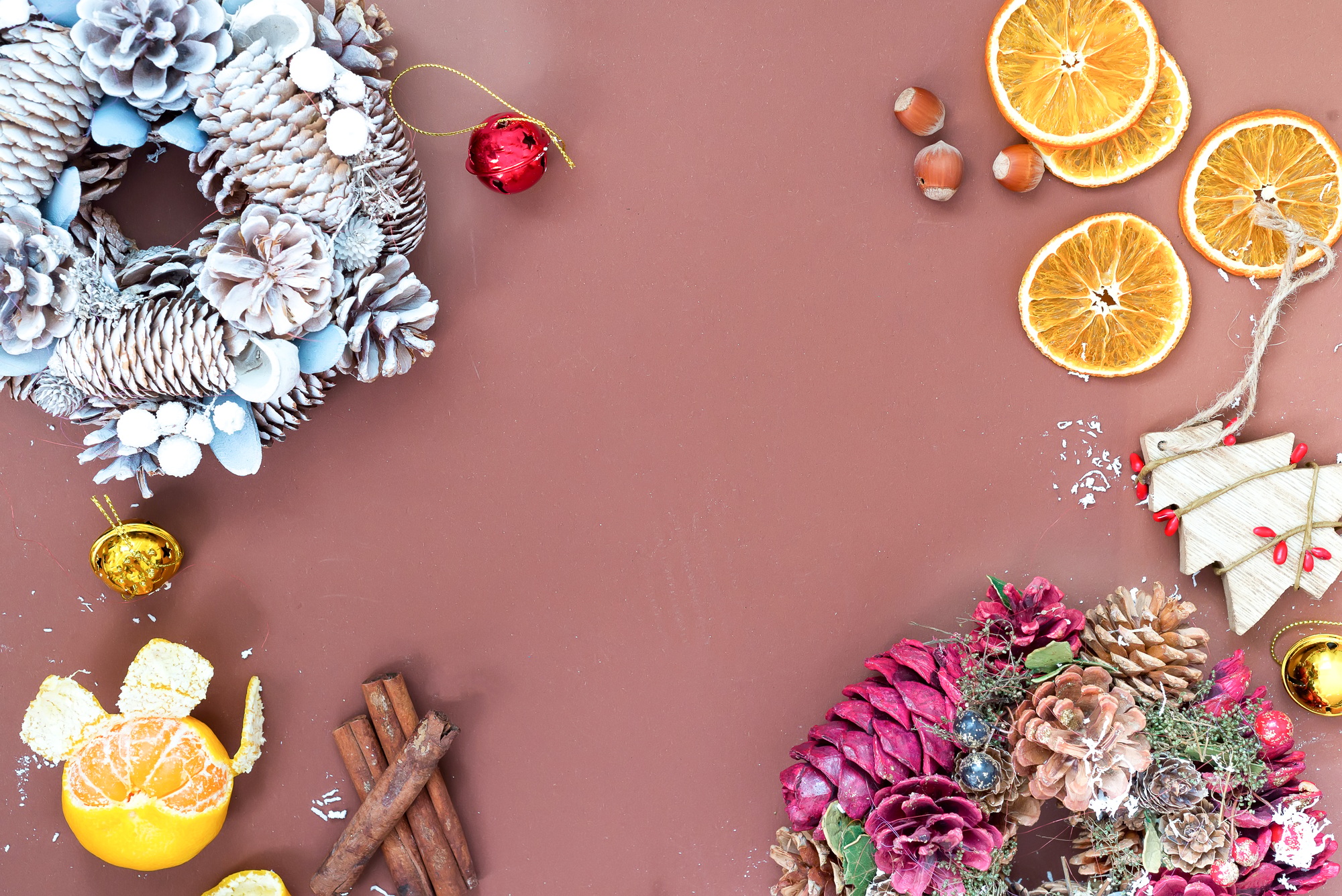 Christmas and New Year holidays background with Christmas wreaths, balls and toys , winter season