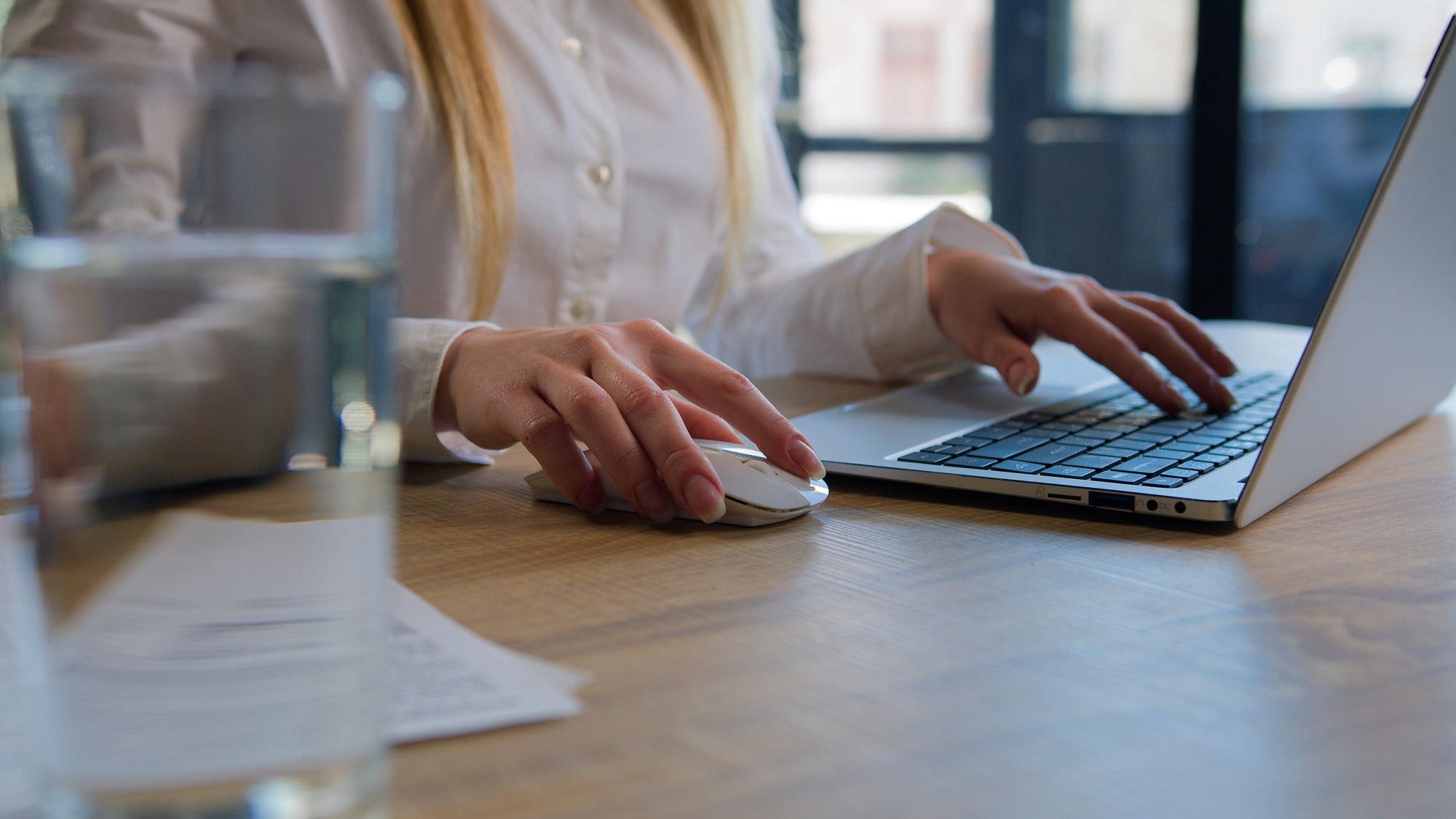 Close up female hands girl business entrepreneur businesswoman woman studying online typing email