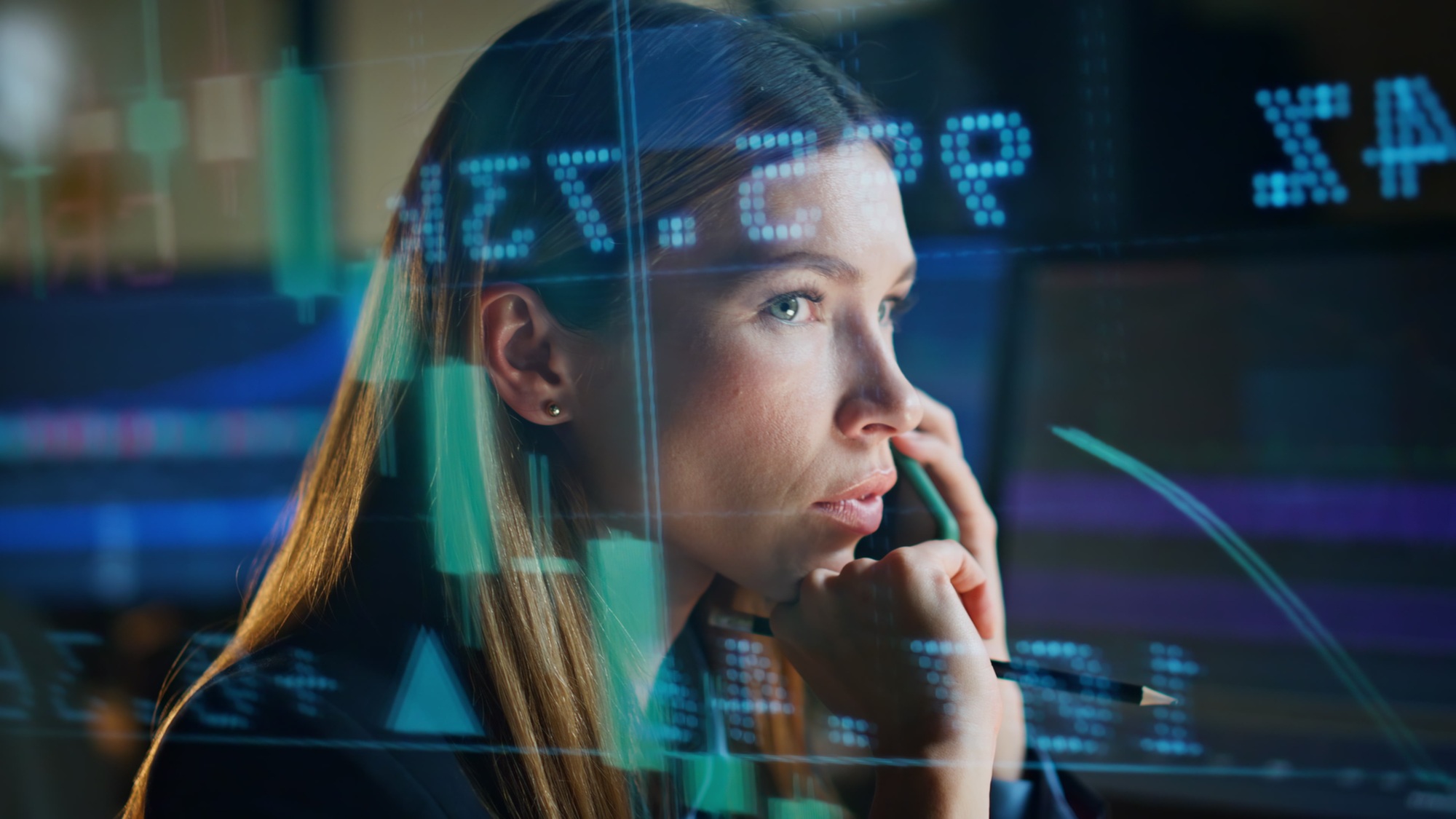 Closeup busy manager talking mobile phone. Sales broker checking stock market