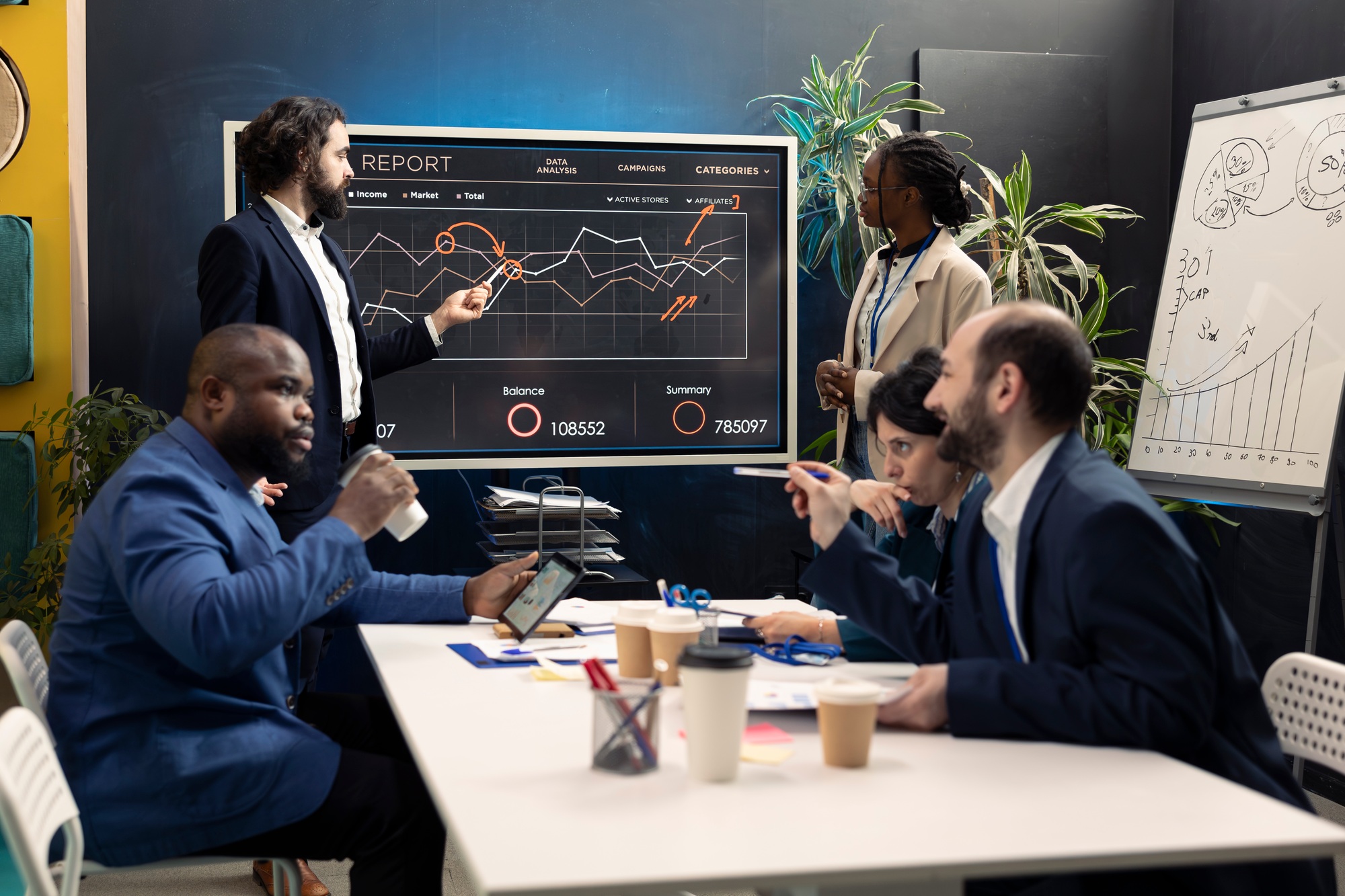 Corporate team following international sales process and client feedback