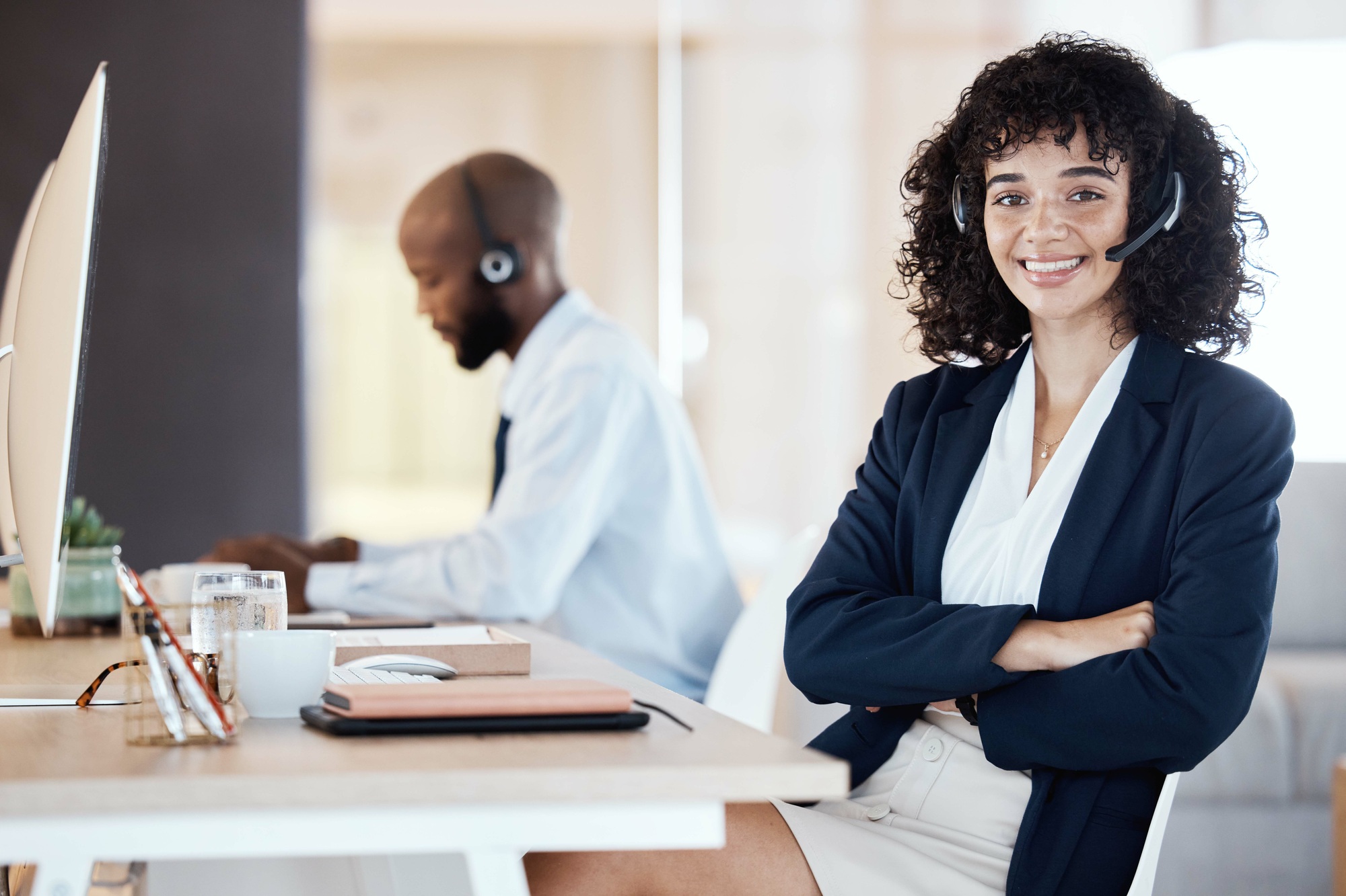 Crm portrait, call center and black woman by a lead generation computer on a office call. Customer