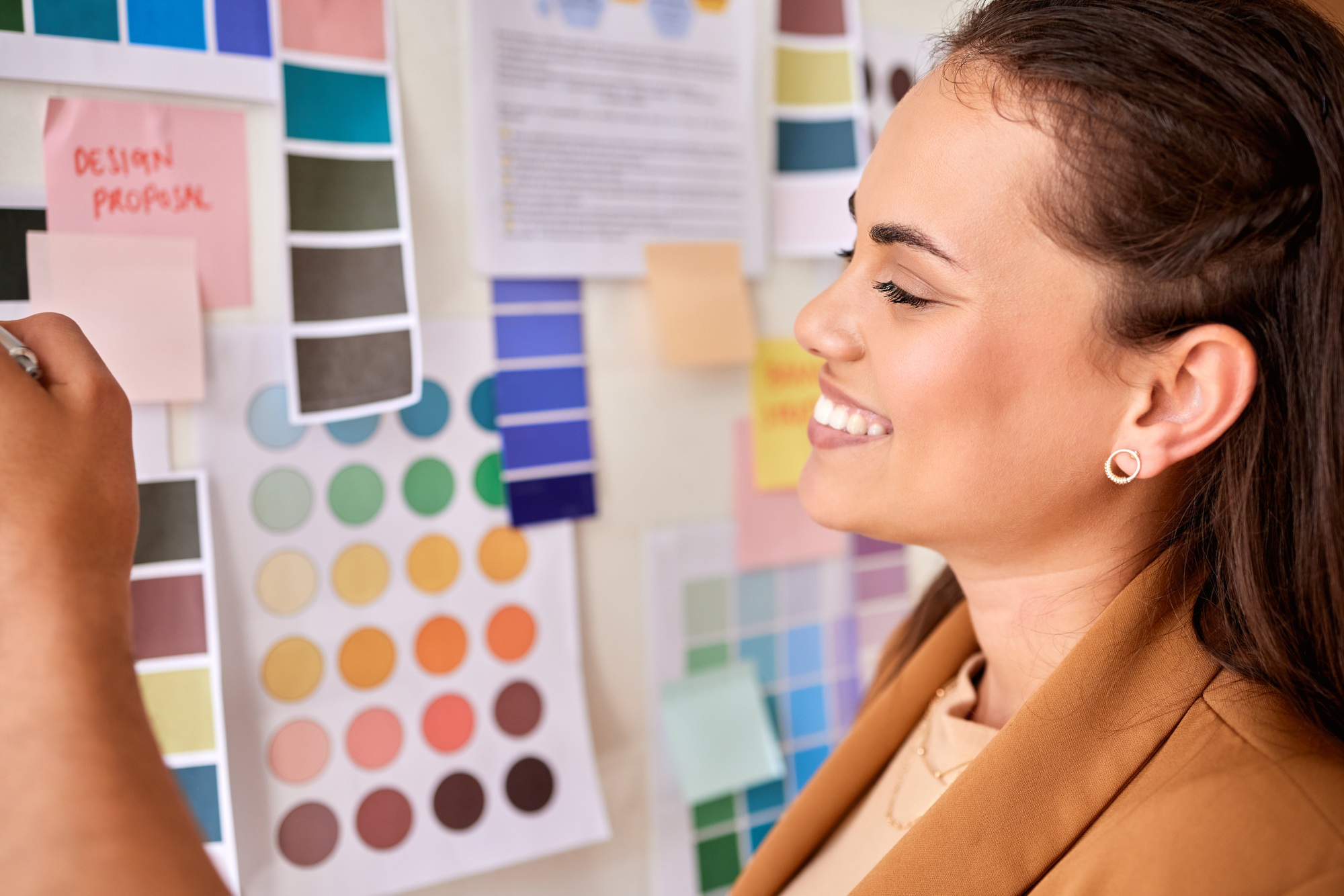Designer, color palette and woman planning creative project, startup brand development and moodboar