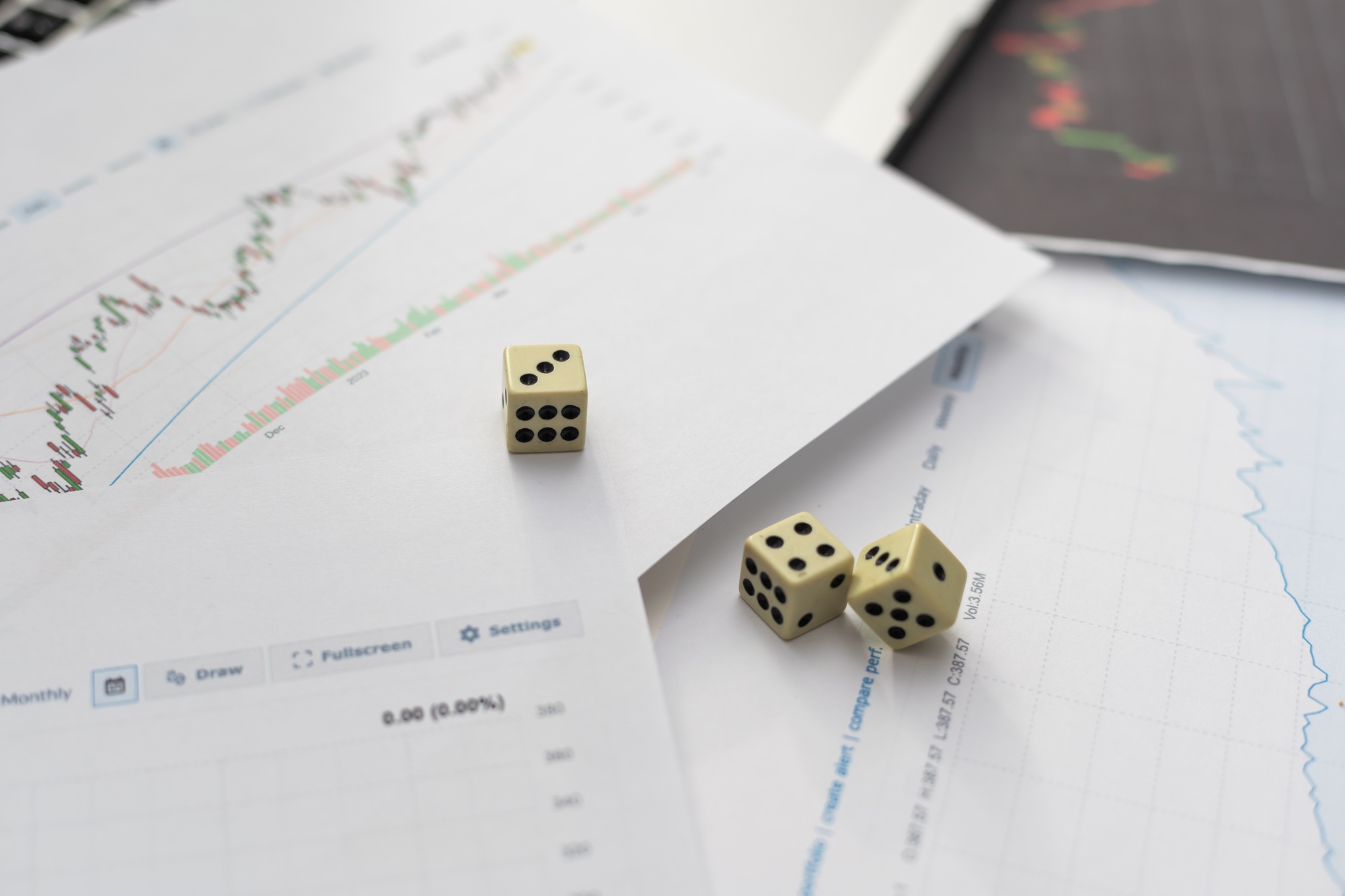 Dices cubes to trader. Cubes with the words SELL BUY on financial chart and columns of quotations as