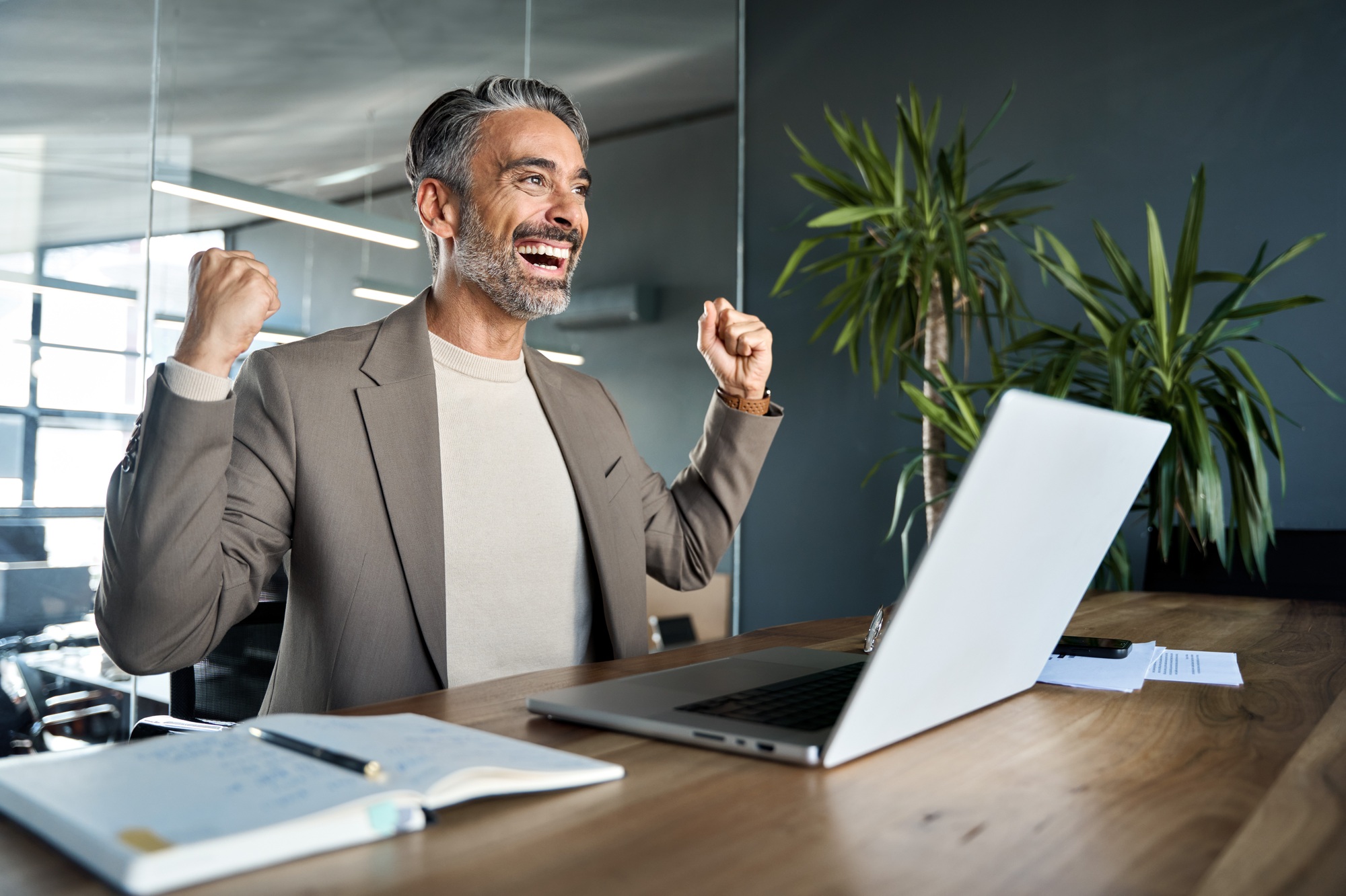 Excited mature business man celebrating goals achievement at work in office.