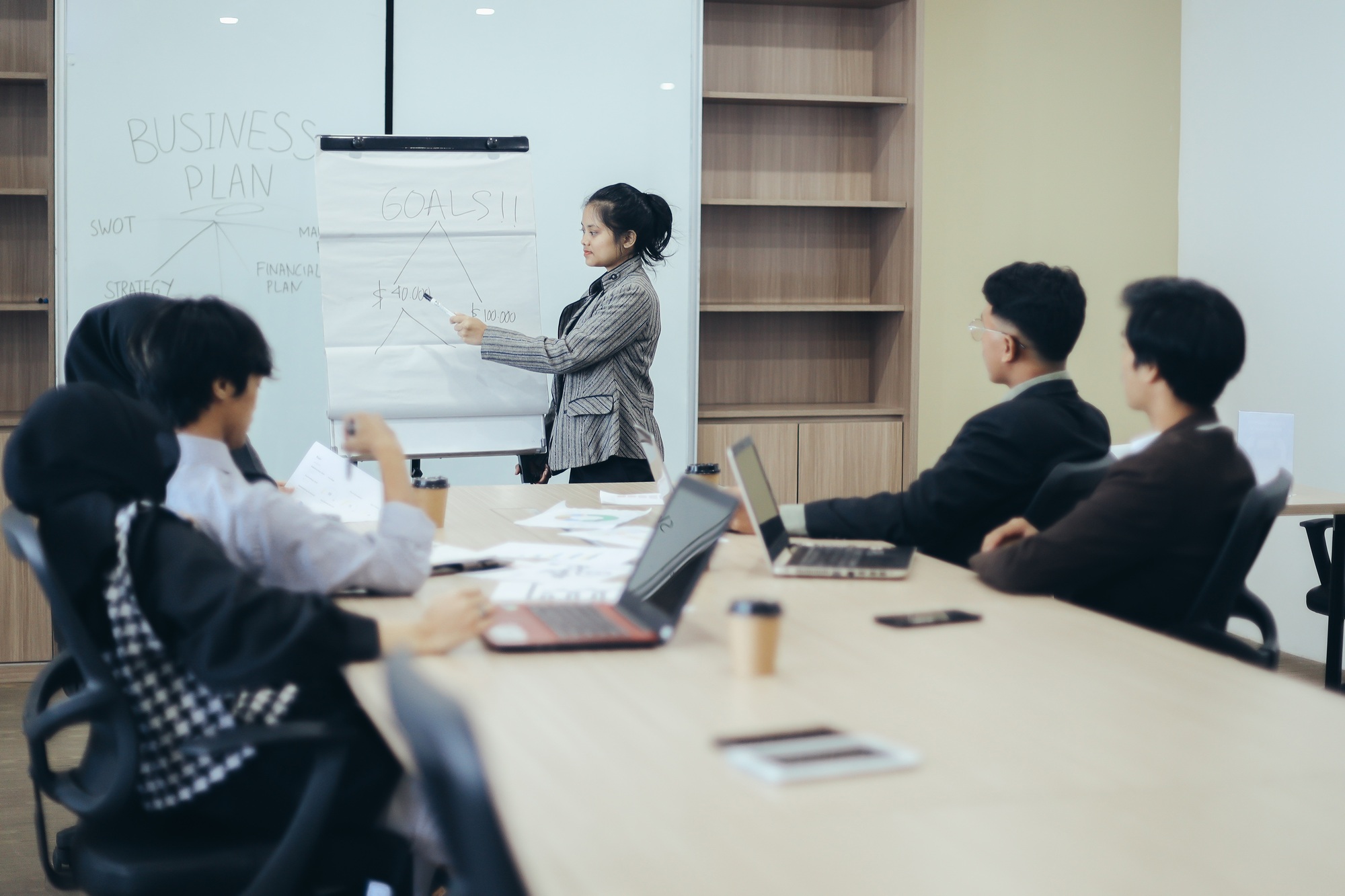 Explain goals at business meeting