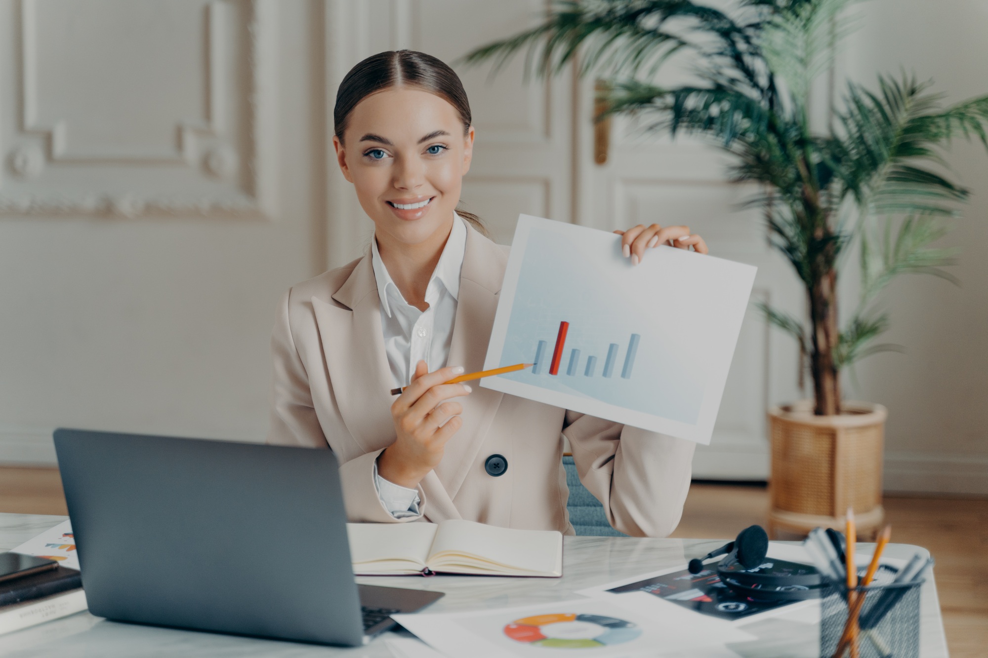Female economist explaining financial report during video call
