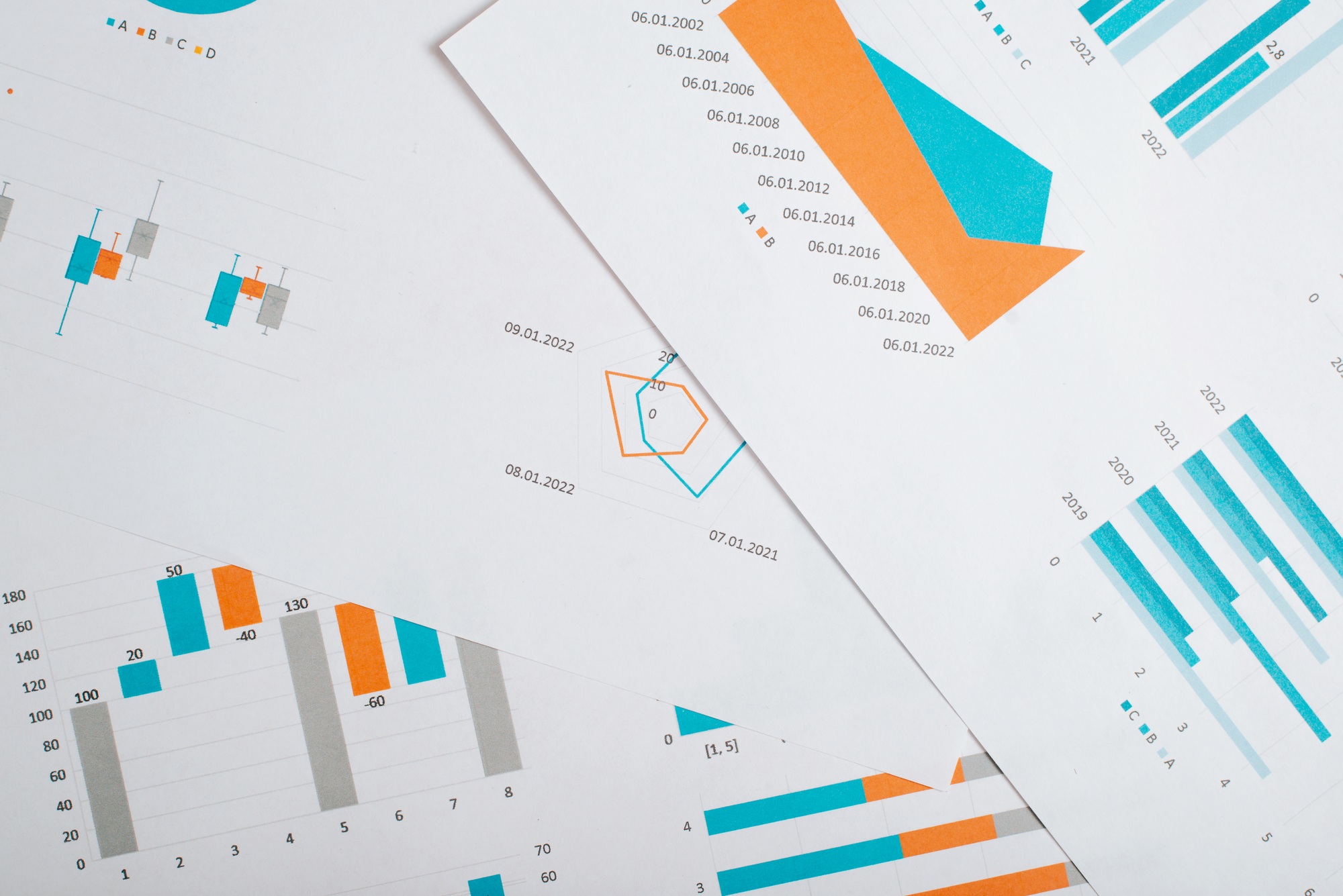Financial documents, infographics and analysis, reports with economic indicators