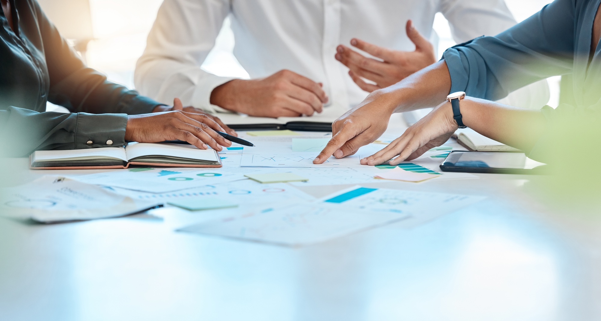 Financial meeting, infographic and closeup of business people and team doing statistics analysis wi