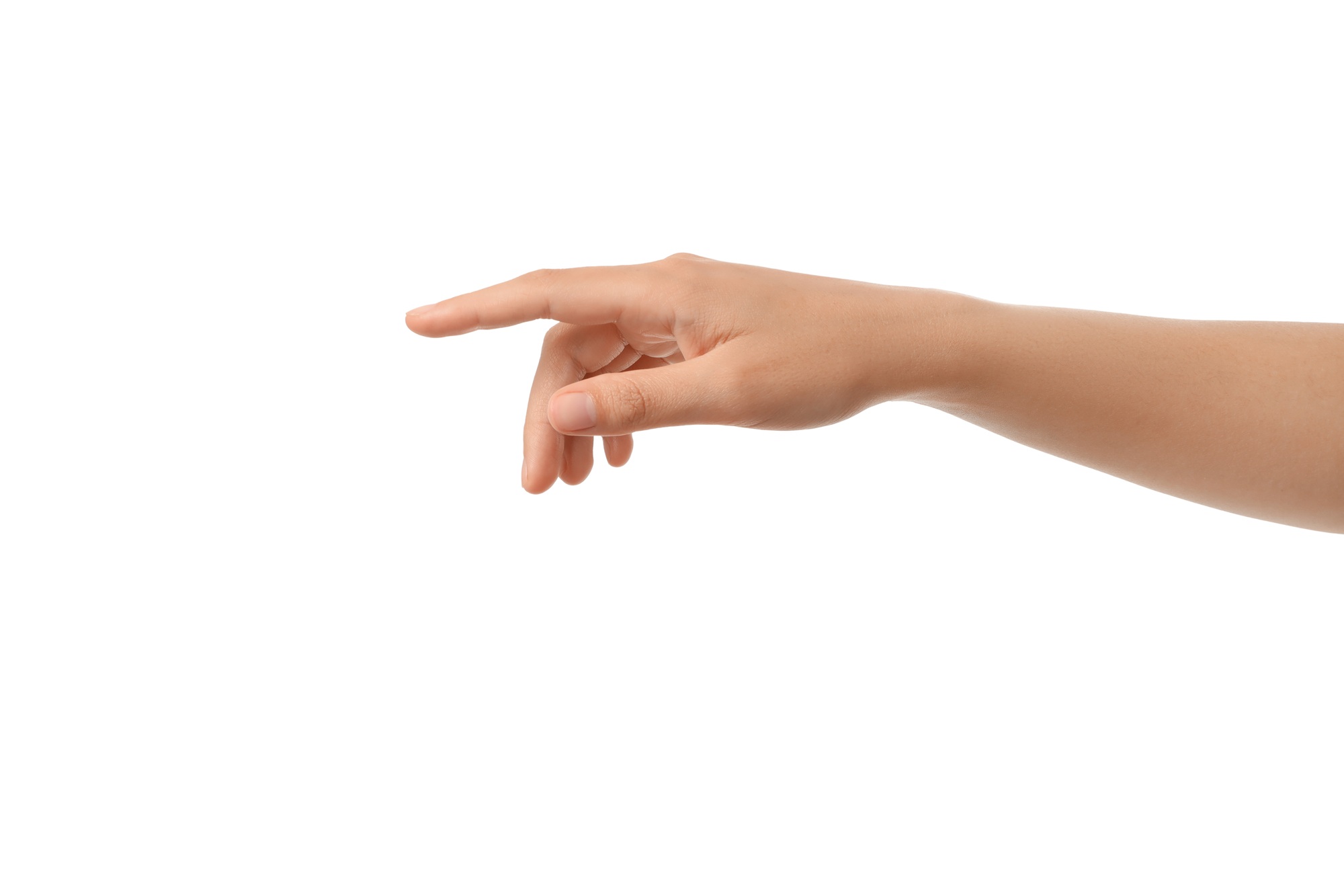 Finger points forward, indicating intent, on white background