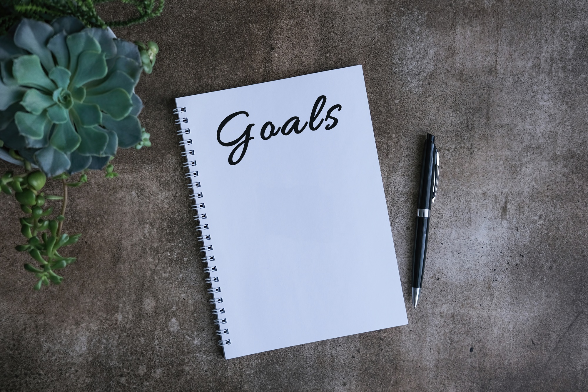 Goals list in a notebook with pen. Setting New Year goals and plans