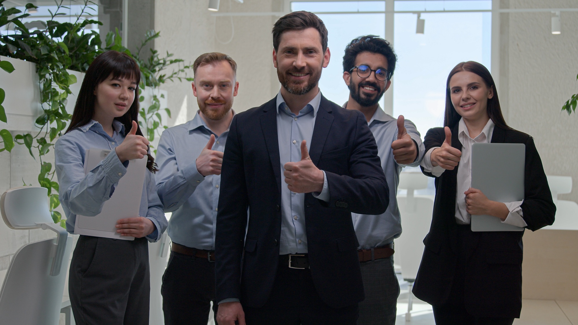 Group happy professional diverse businessmen and businesswomen smiling employees with team leader