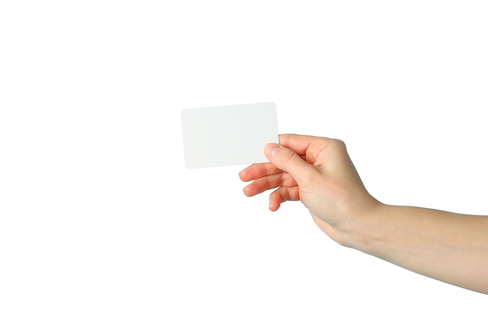 Hand holding a blank card, on white background