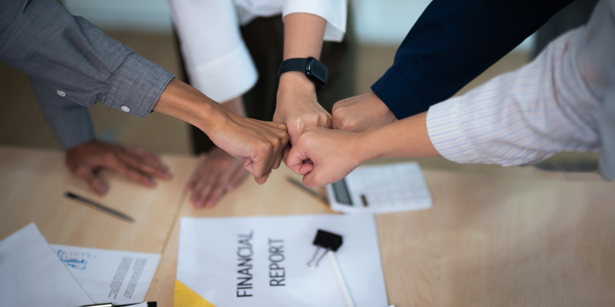 Hands, fist bump and business people, mission and collaboration with support, target goals and