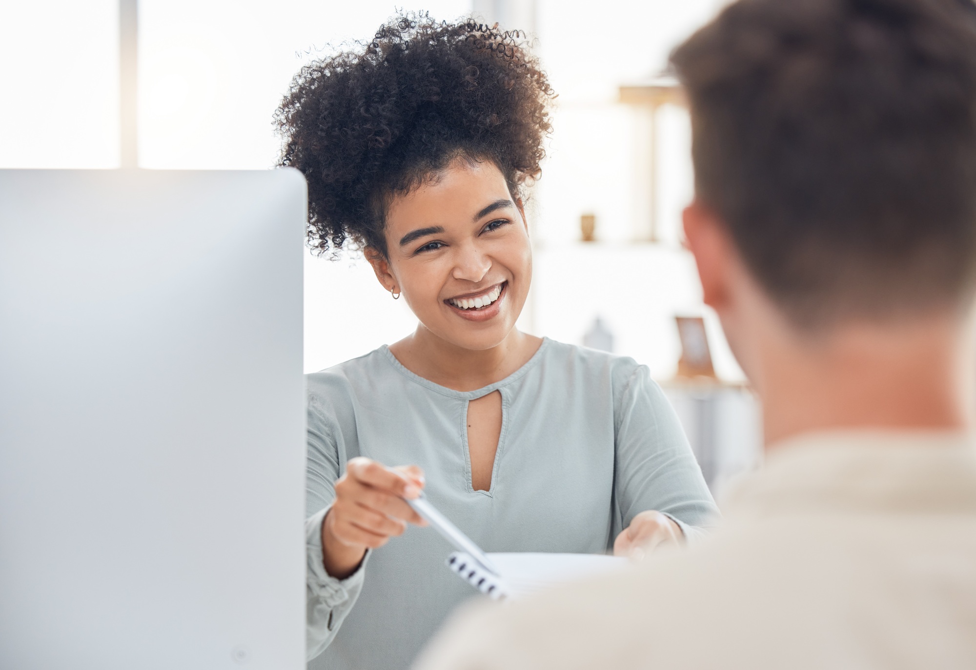 Interview, contract and recruitment woman in office with job candidate for company onboarding. Hiri