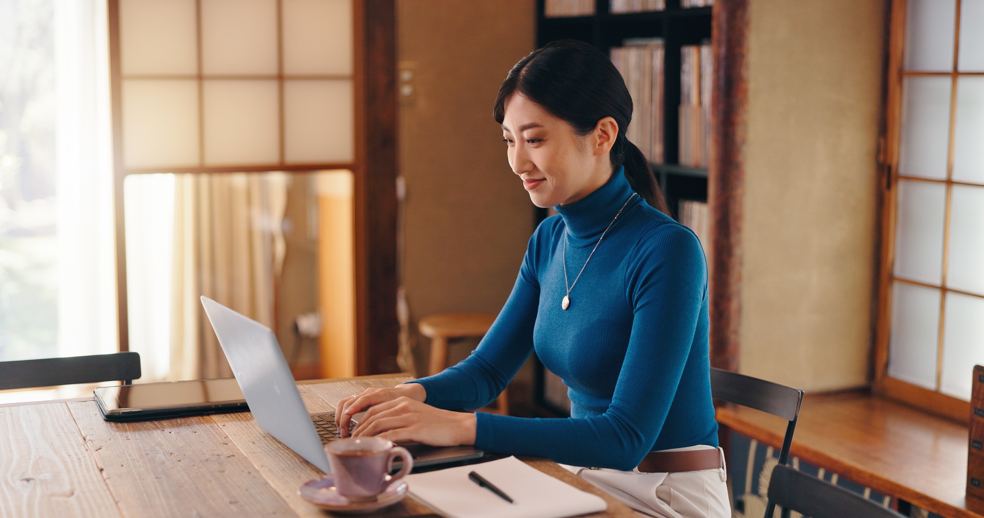 Laptop, author or Asian woman in home office typing of remote work, research or website. Report, fe