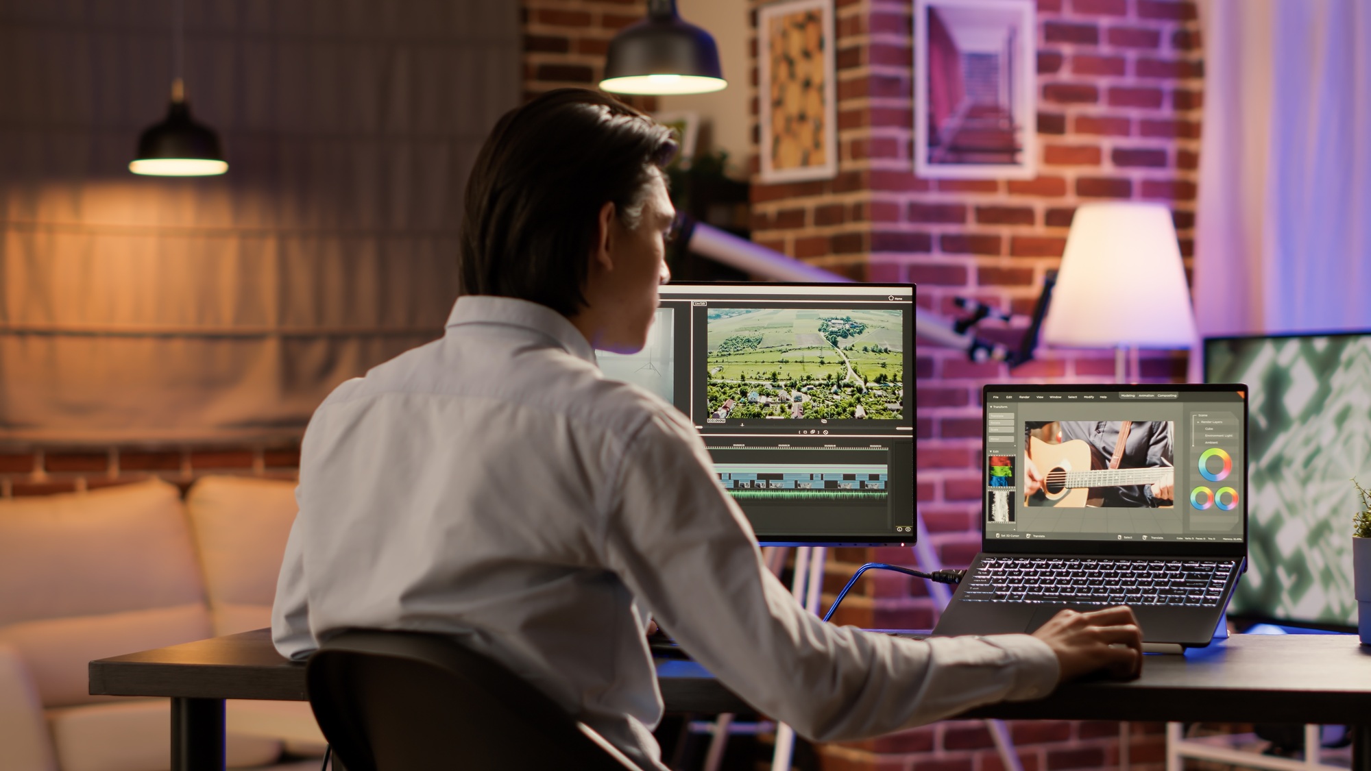 Multimedia artist editing video montage with sound and visual effects