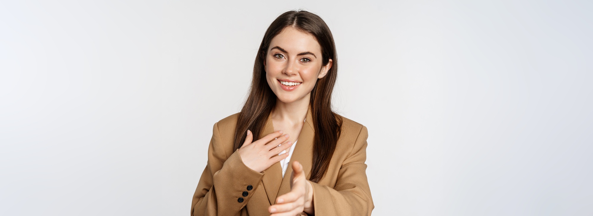 Portrait of smiling businesswoman extend hand for handshake, greeting business partner, saleswoman