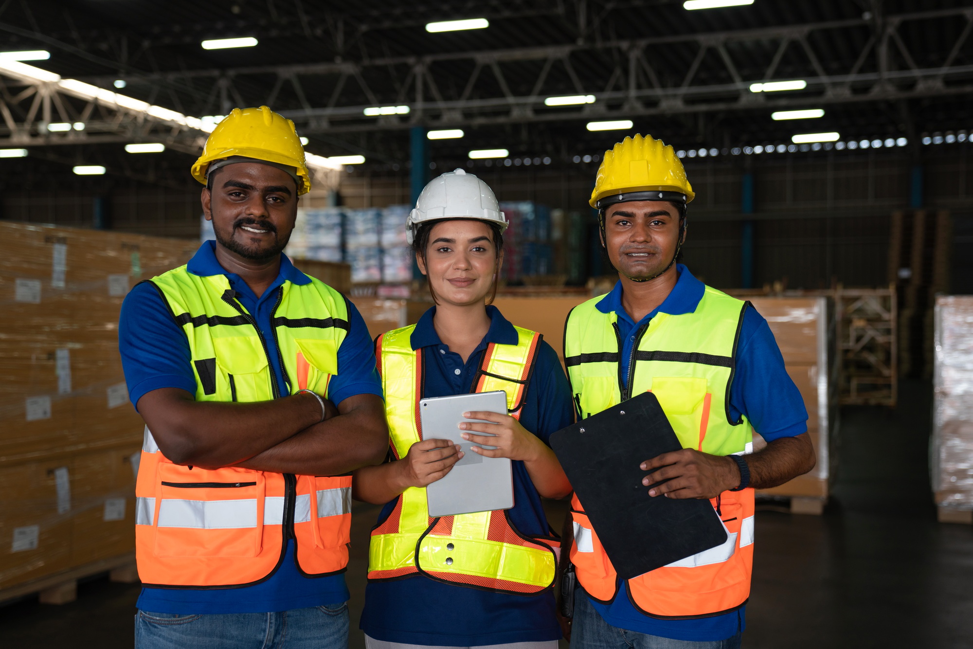 Portrait of staff worker standing in warehouse with his arm crossed looking at camera