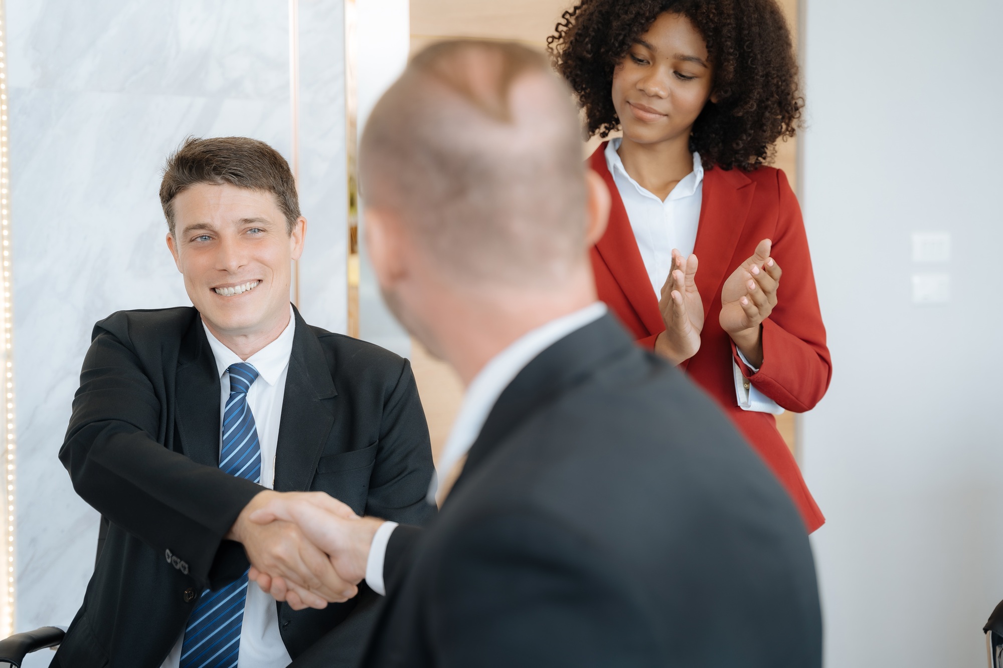 Professional business executive leaders making handshake.
