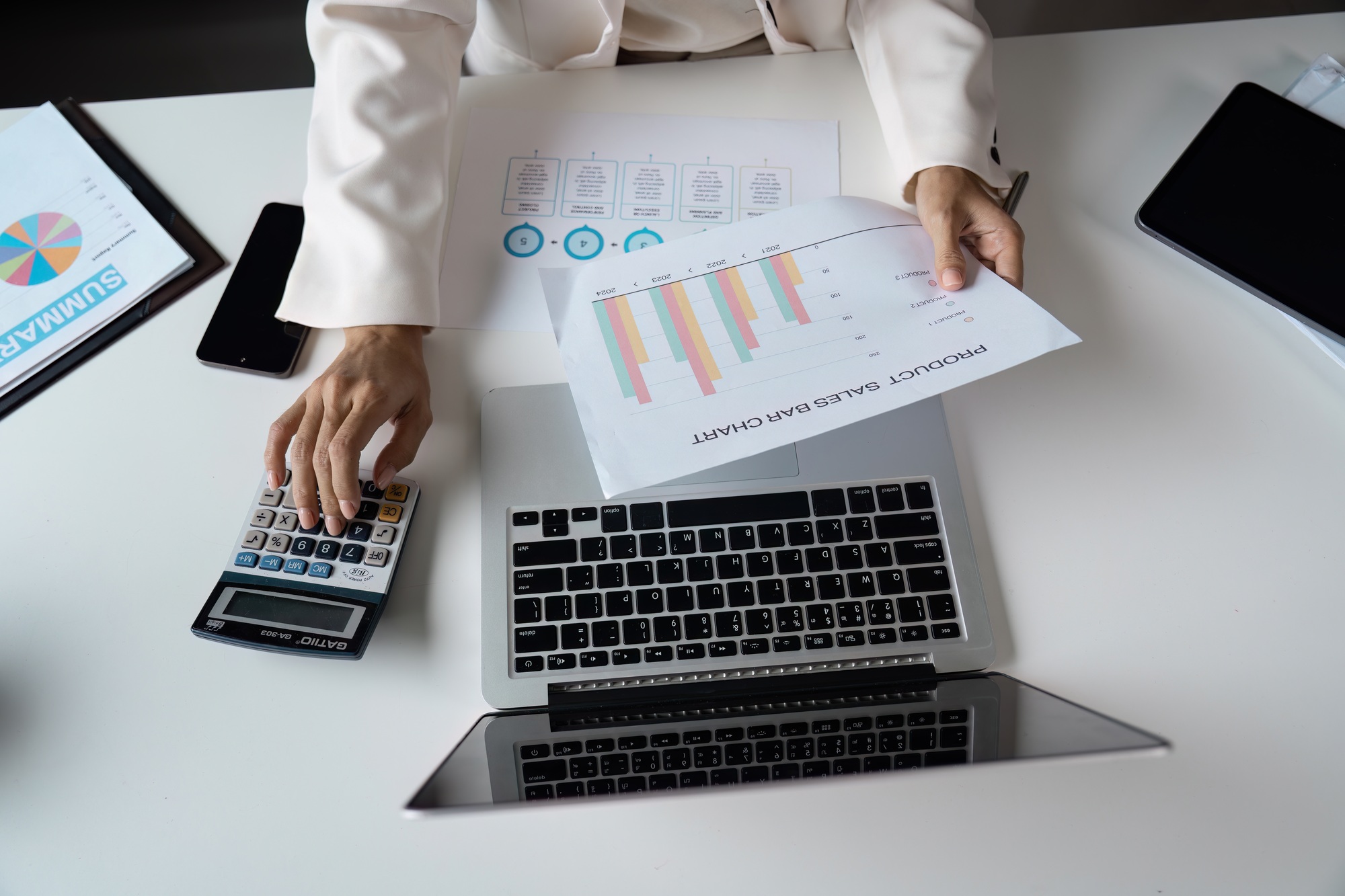 Professional Business Workspace with Laptop, Charts, and Calculator for Financial Analysis and
