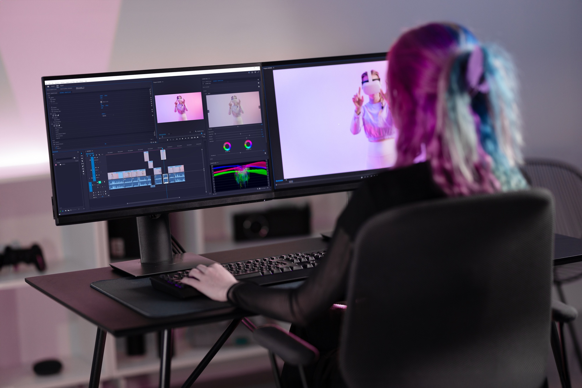 Professional female film editor editing video on his personal computer with two displays in modern