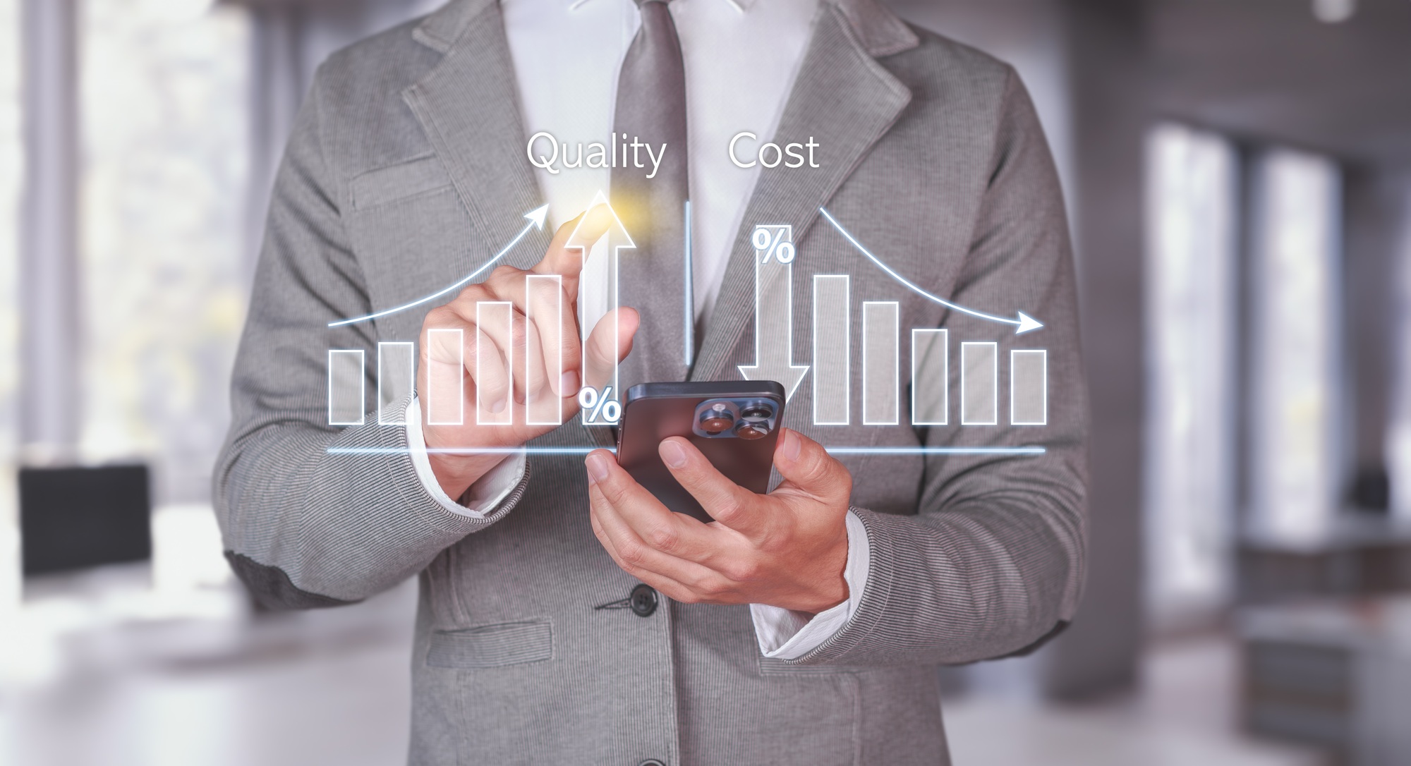 Quality and Cost Analysis. Businessman using smartphone with quality improvement and cost reduction.