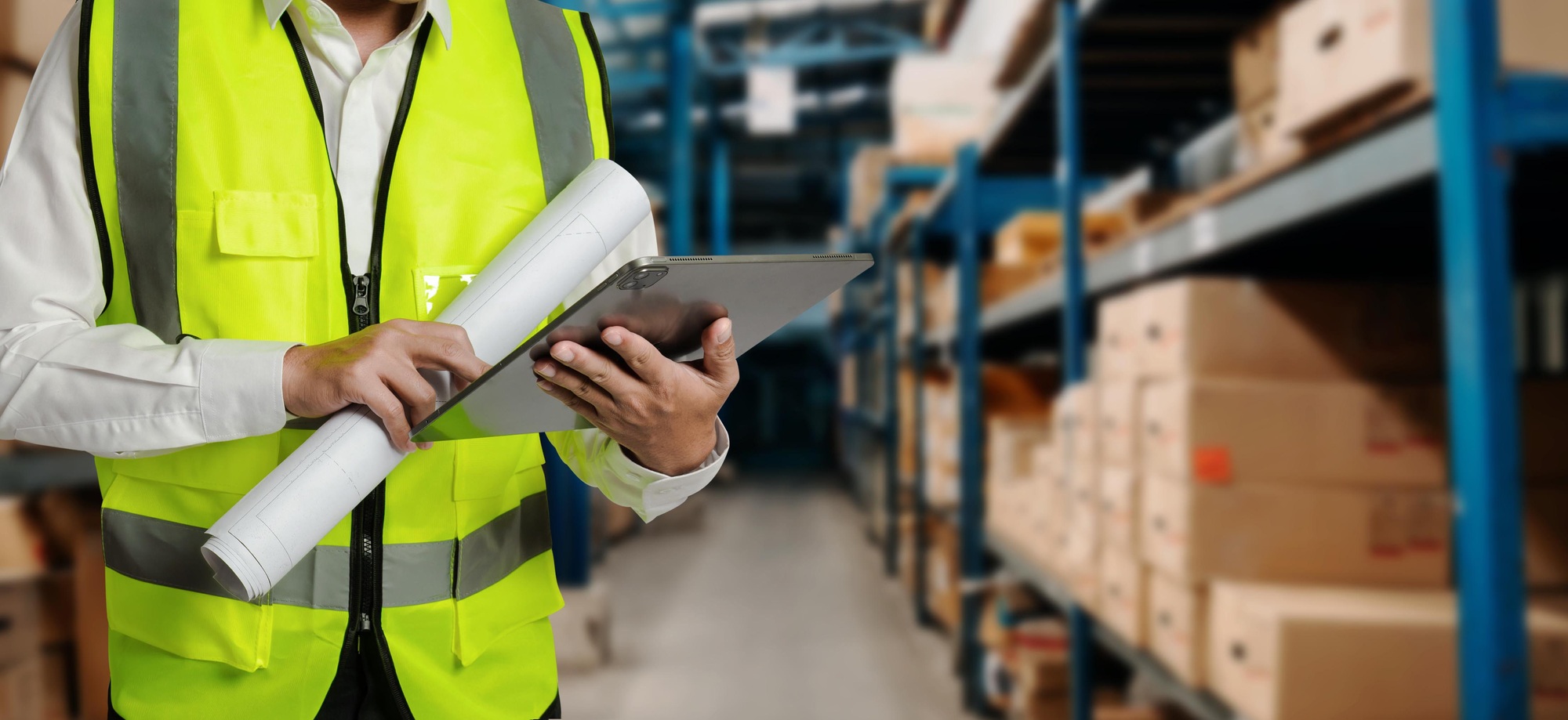 Storage worker in uniform Wearing Hard Hat Checks Stock and Inventory with Digital Tablet Computer