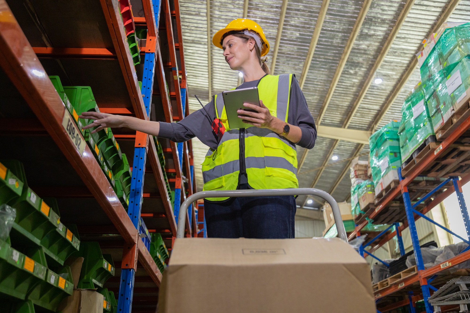 Store clerks inspect products, warehouses, industrial and logistics supply chains.