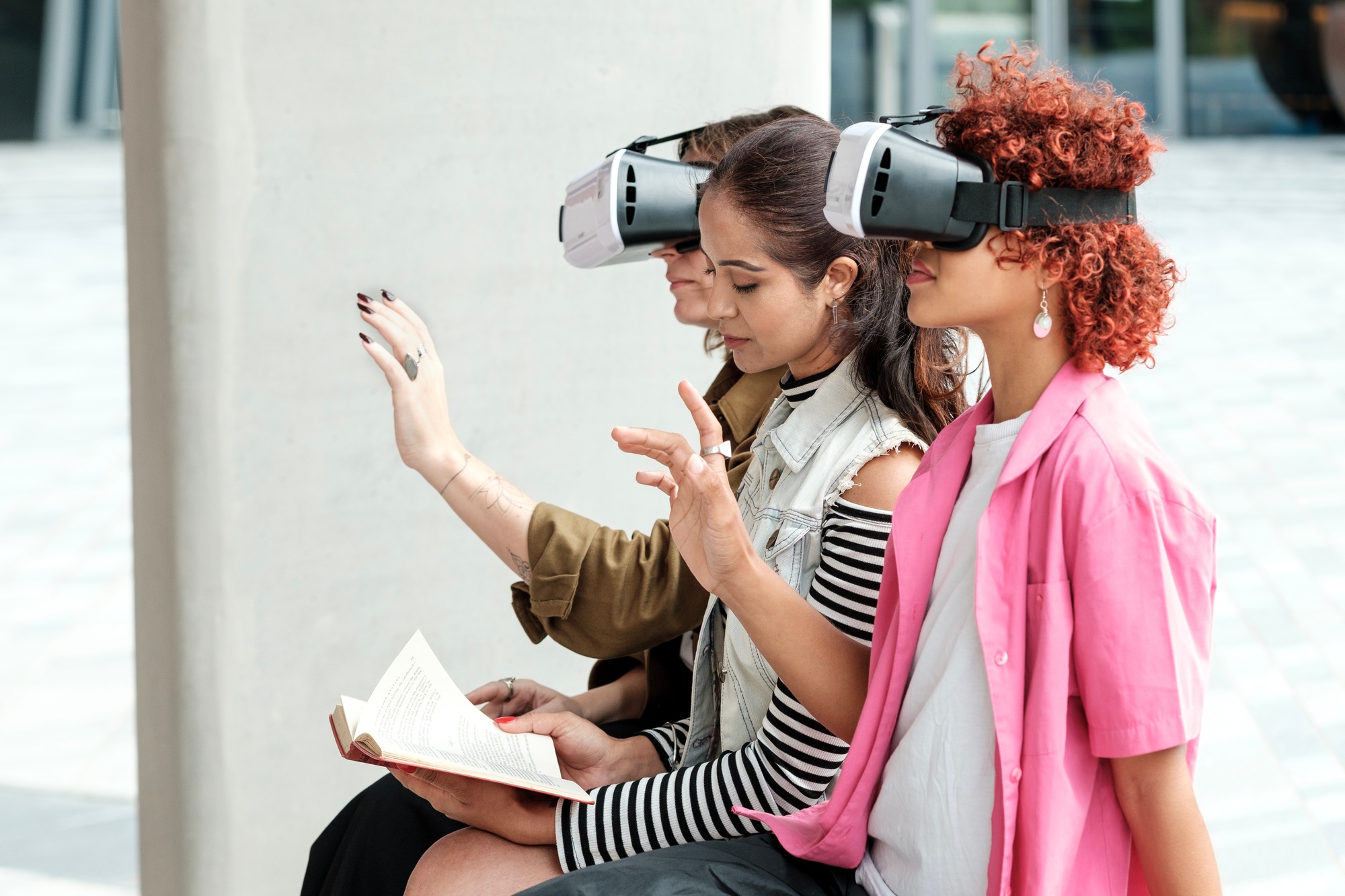 Students using virtual reality headsets and interacting with simulation