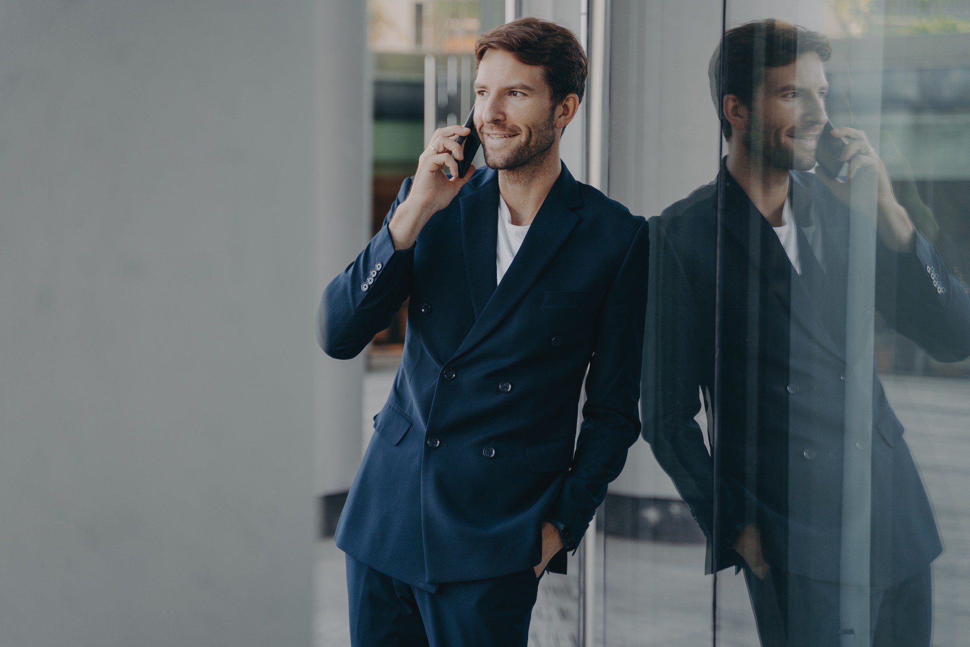 Successful businessman has business conversation consults client