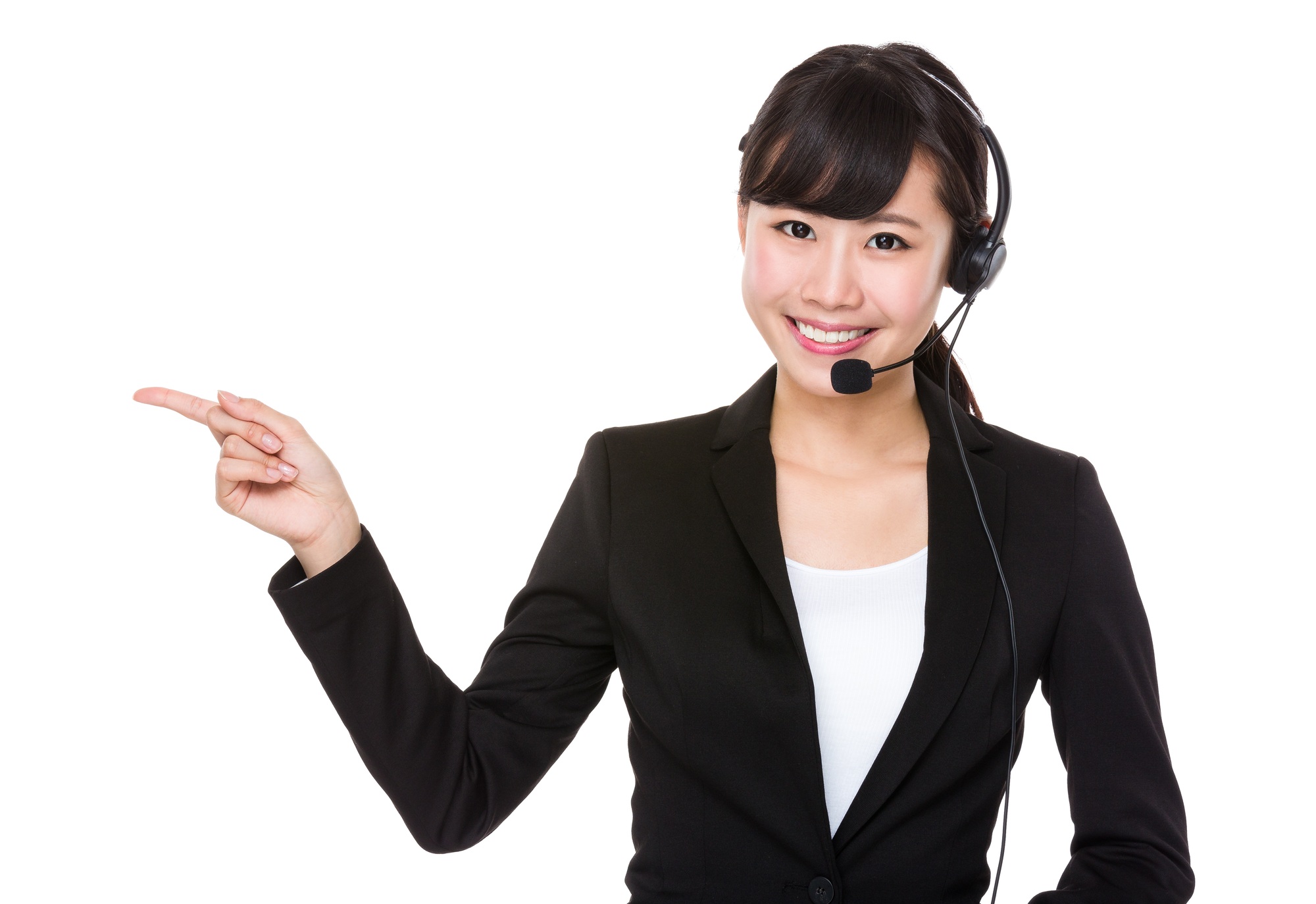 Telemarketing concept, businesswoman with headset and finger pointing selling something