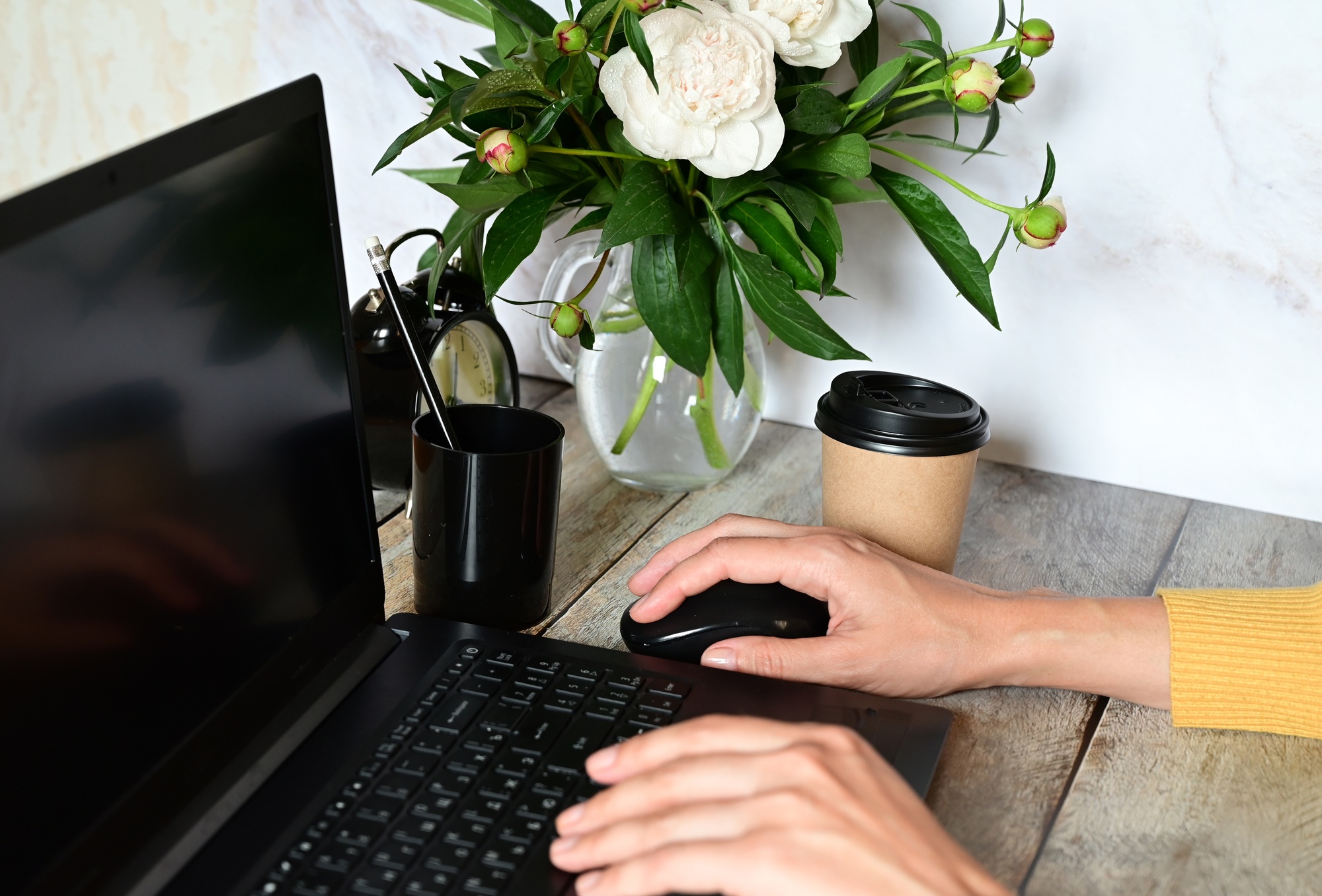 The girl is working at the computer. Remote work. Online training