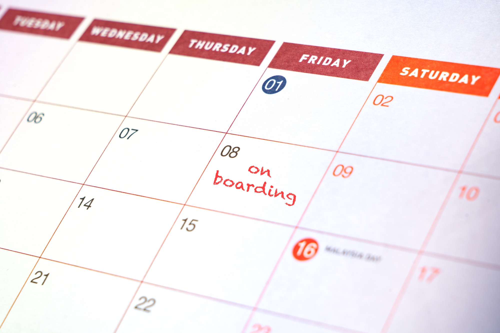 To ON BOARDING written on calendar
