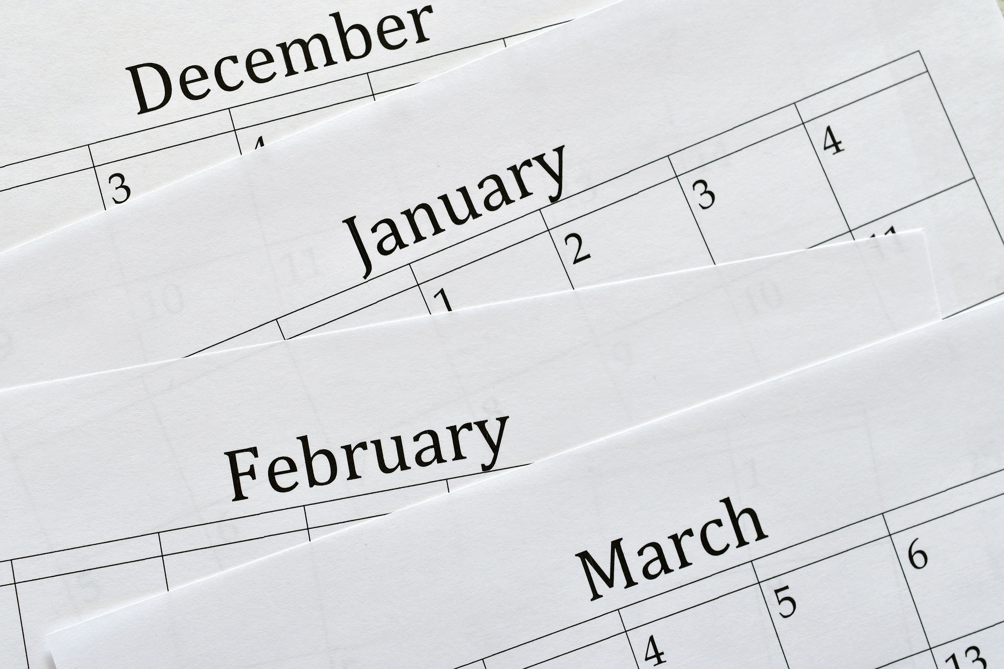 Top view flat lay of calendar December, January, February and March, no specific year, generic