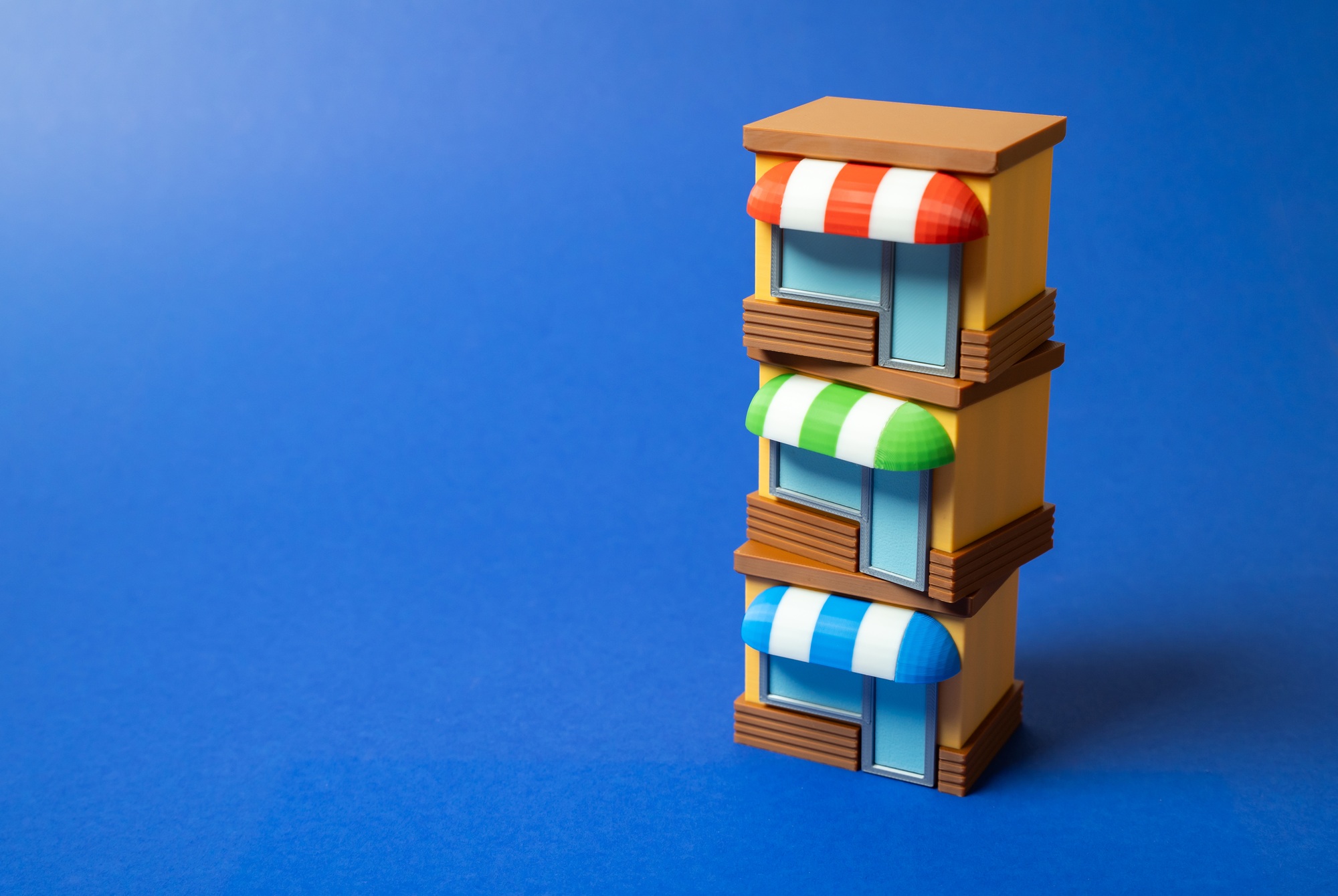 Tower of shops. Business and commerce. Shopping malls. Vertical business growth