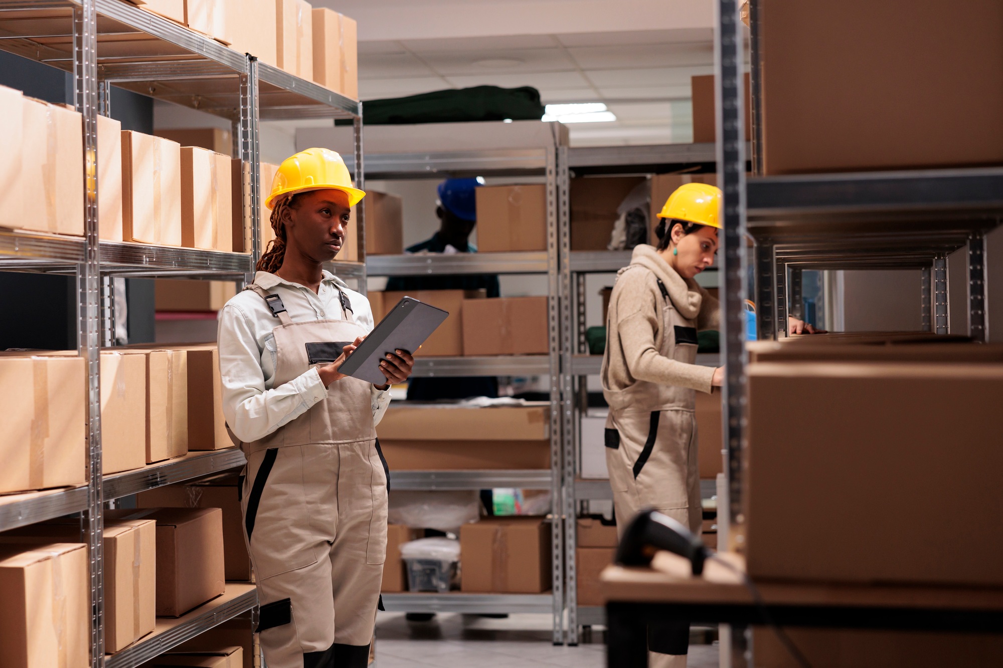 Warehouse manager supervising freight inventory and checking audit application