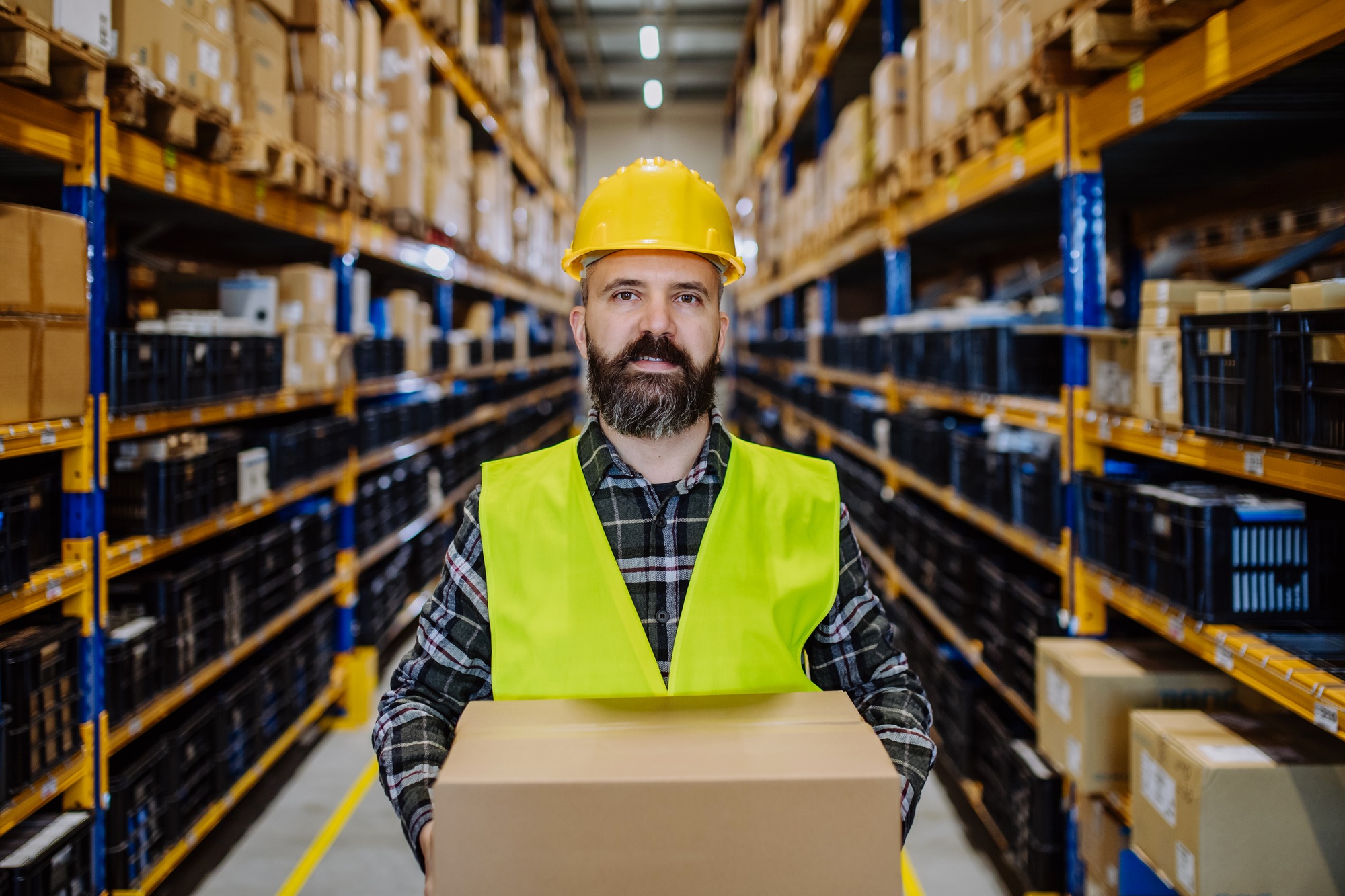 Warehouse worker stocking goods in a warehouse.