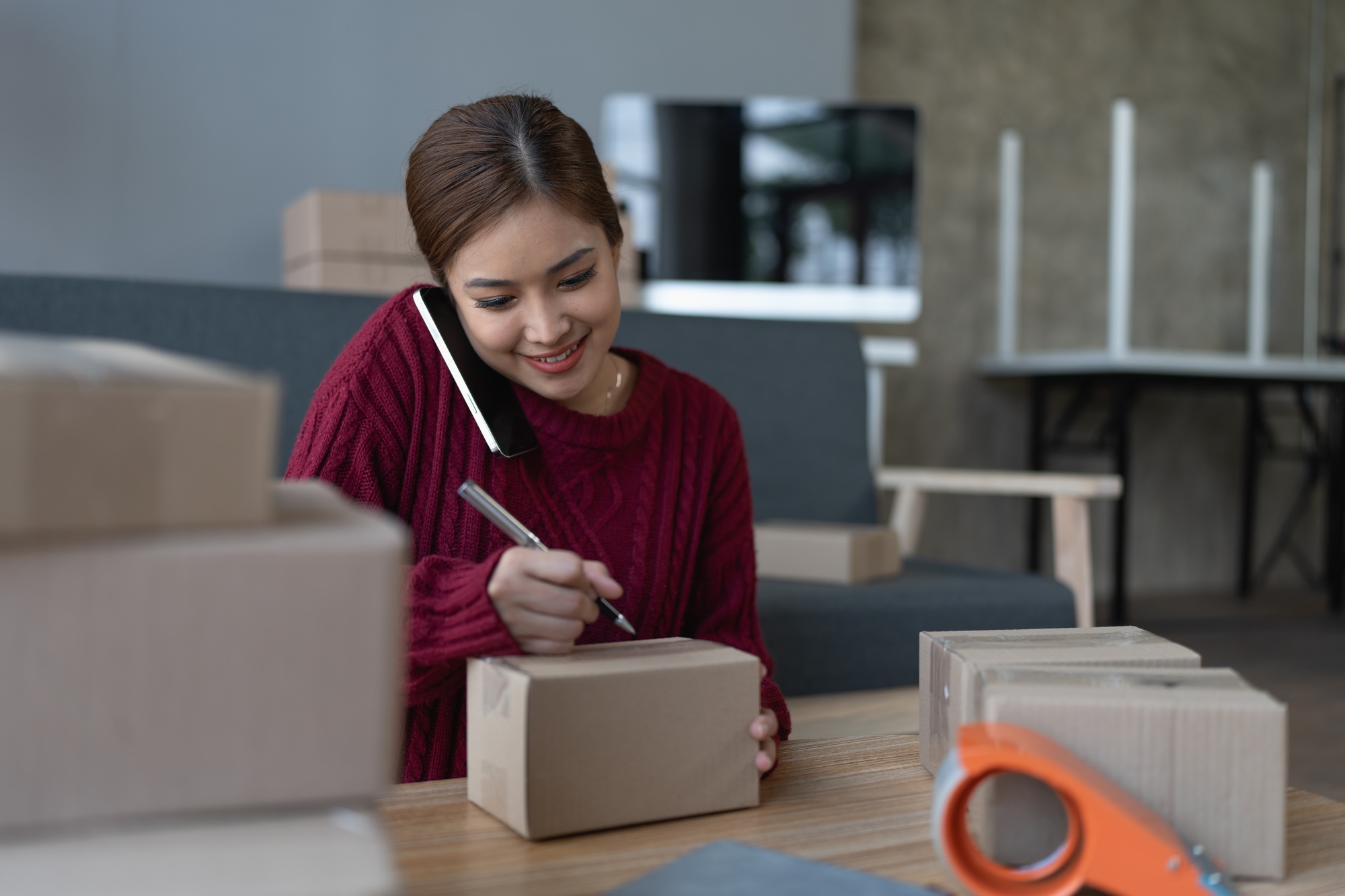 woman, online seller, using smartphone to calling customers, goals, and drive success