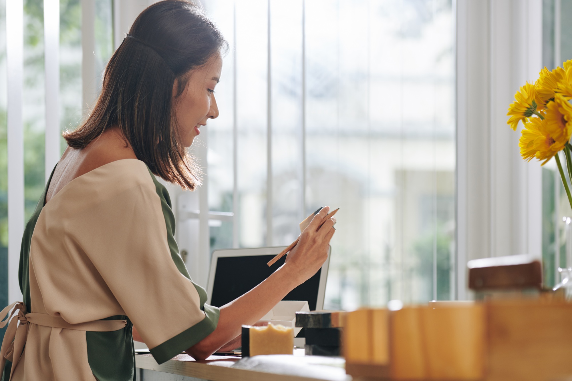 Woman thinking about name for soap bar