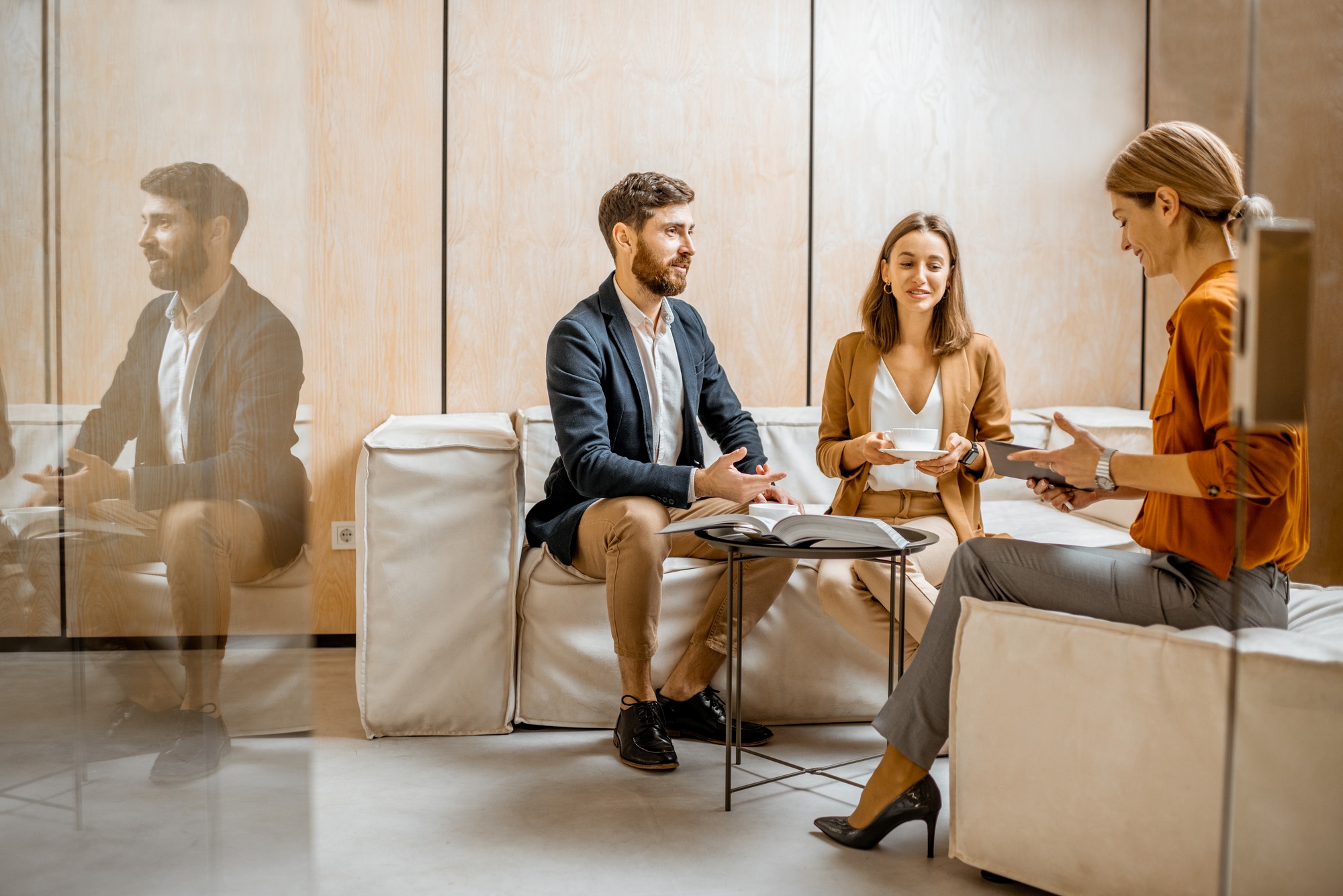 Couple at a reception at sales department or psychotherapist