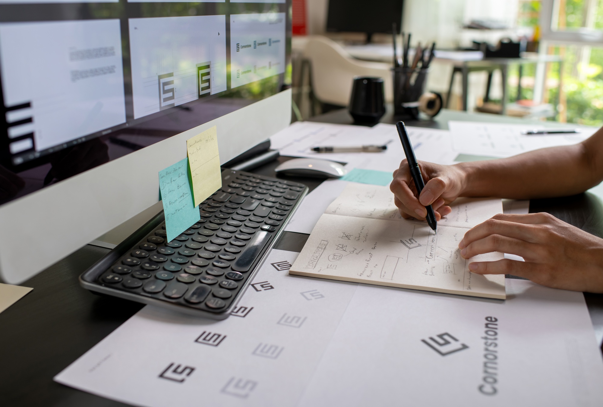 Graphic designer drawing sketches logo design.