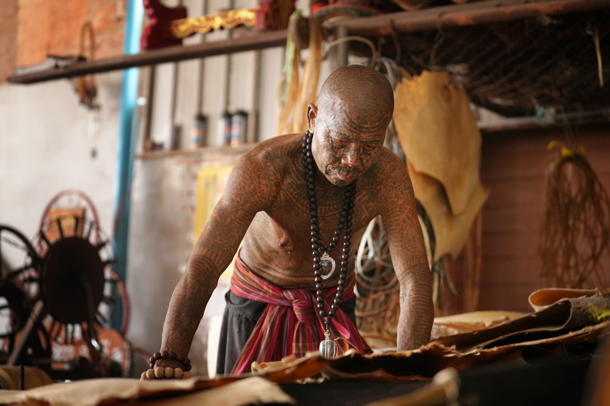 Asian village lifestyle, moment a man making and crafting handmade wood